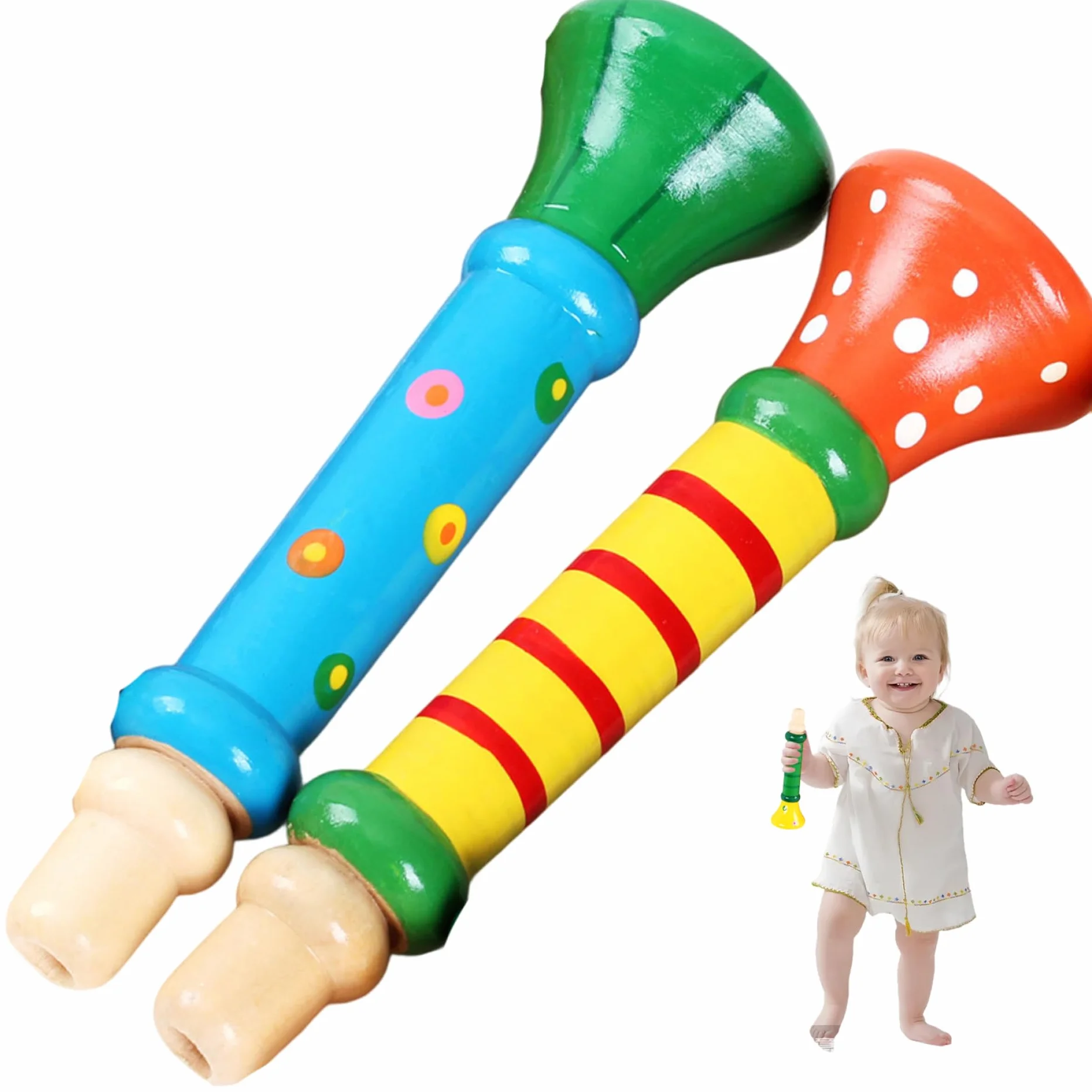 Trompeta de Juguete 2 Piezas pequeña de Madera, Linda y Segura, Trompeta para niños pequeños, Juego de simulación, Divertidos Instrumentos Musicales para niños de 1 a 3 años, Color Aleatorio, Juguete