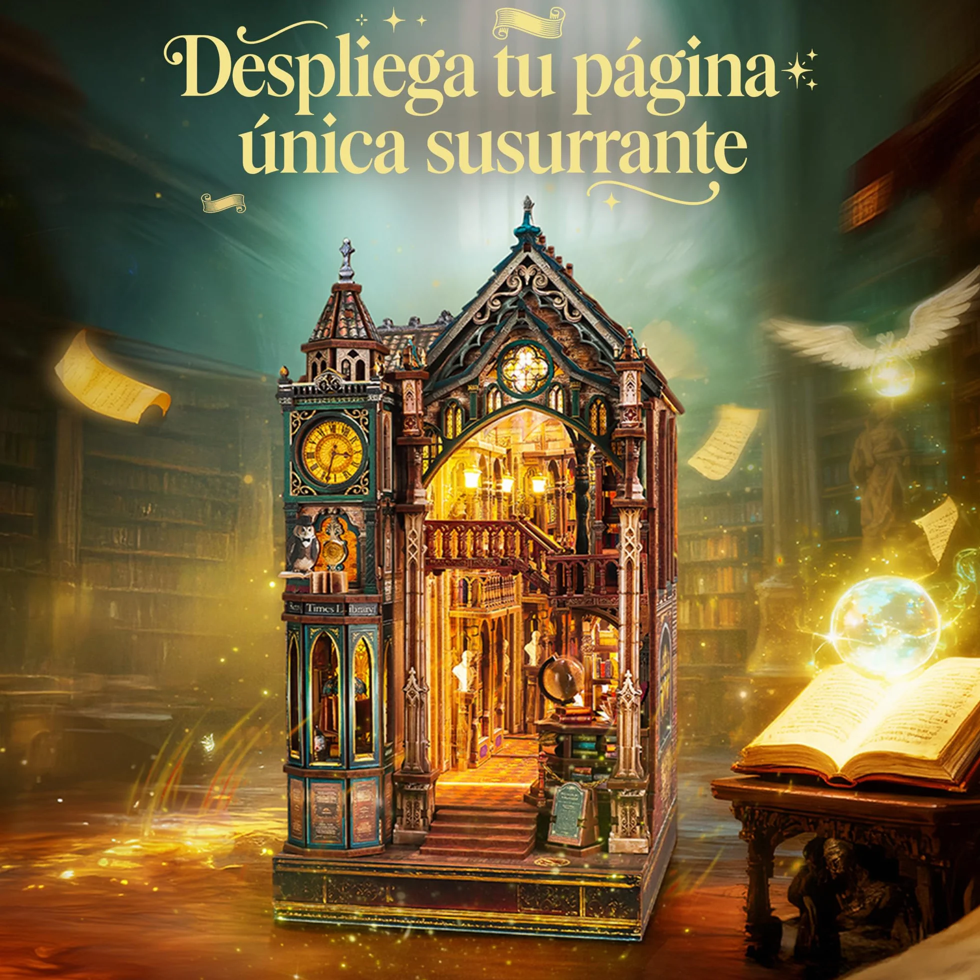 FUNPOLA Magic Library Book Nook Kit – Puzzle 3D de Madera con Espejo Infinito LED – Decoración DIY para estantería