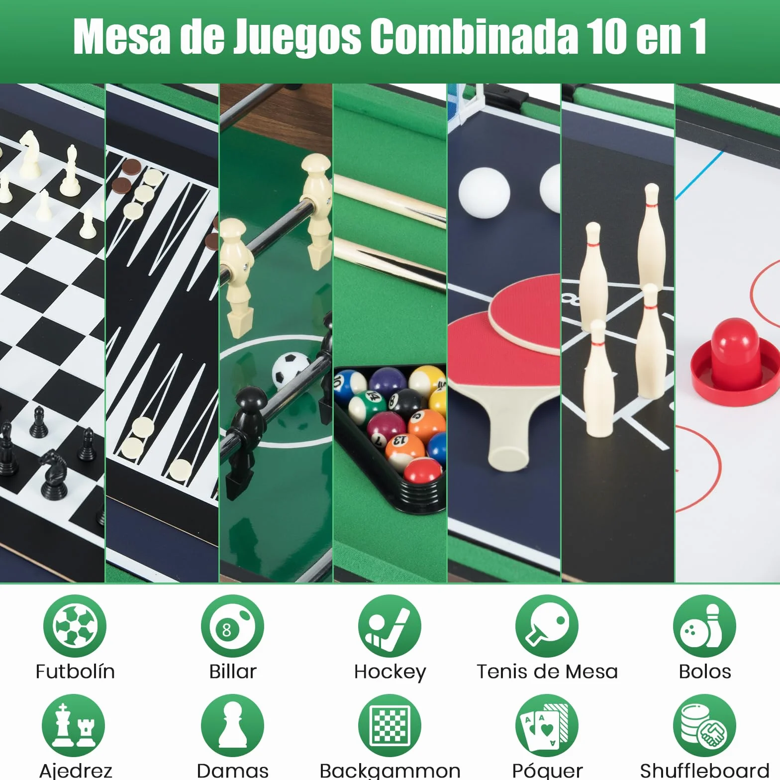 GOPLUS Mesa de Juegos 10 en 1, Mesa Multifuncional con Futbolín, Hockey de Aire, Billar, Ping Pong, Shuffleboard, Bolos, Ajedrez, Damas, Backgammon, Set Apilable para Hogar, Oficina, Bar