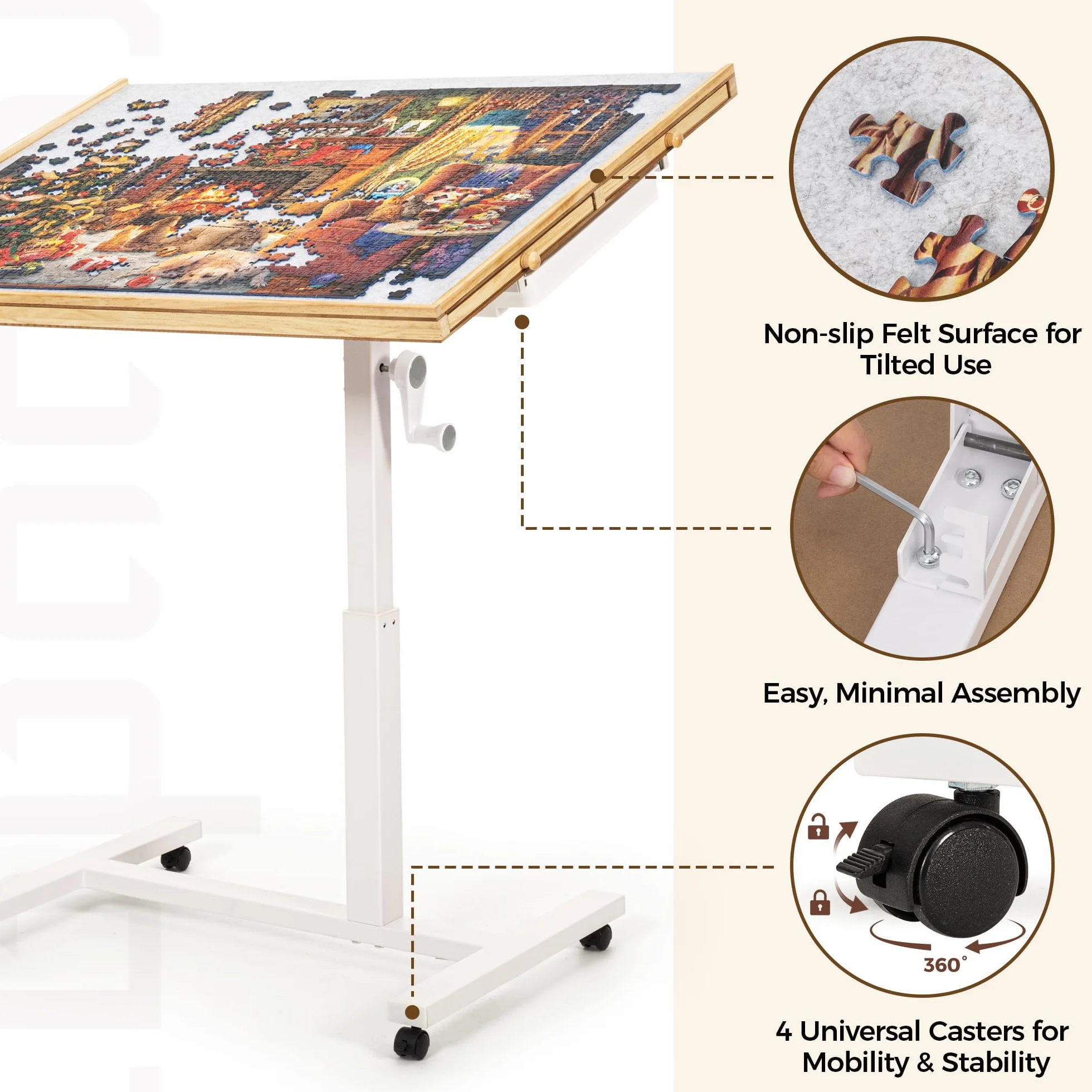 ROPODA Mesa Puzzle de 1500 Piezas, Tablero de Rompecabezas con Ajuste de Ángulo y Altura, Mesa de Rompecabezas con Seis Cajones, Tapa y Cuatro Ruedas, Puzzle Table con Pedestal Único, 89 x 68 cm