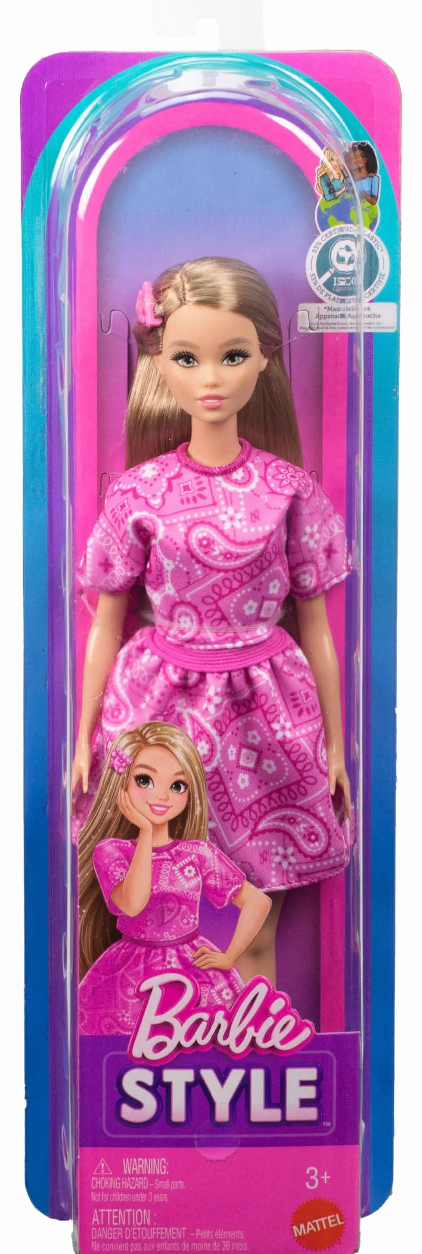 Barbie Fashionistas Style, muñeca n.º 249, con Pelo Rubio, Falda y Camisa con Estampado de Cachemir Rosa y Sandalias Blancas con Plataforma, JJN62