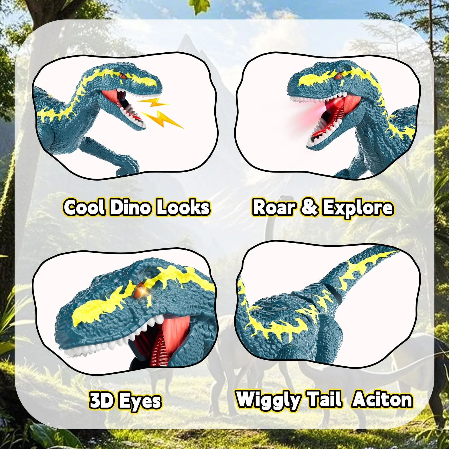 Dinosaurio Teledirigido para Niños 3+, RC Dinosaurio Caminante Recargable 2,4 GHz con Ojos 3D y 3 Sonidos, Juguete Animal Prehistórico Interactivo para Niños y Niñas 3+ (Azul)