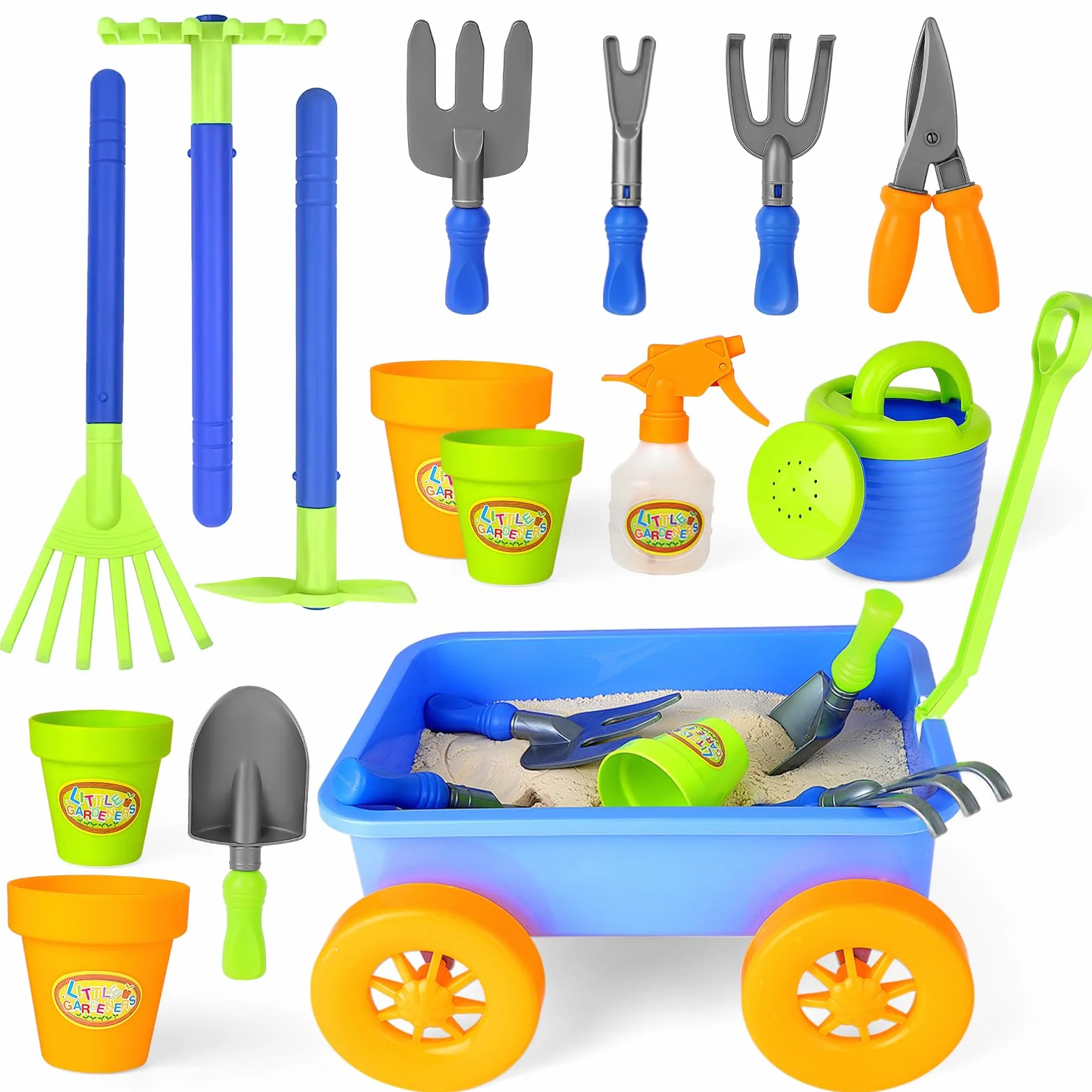deAO Carretilla y Herramientas de Jardín para Niños y Niñas - Juego de Juego con Herramientas de jardinería, Incluye 10 Accesorios y 4 Macetas para Plantas (Azul)