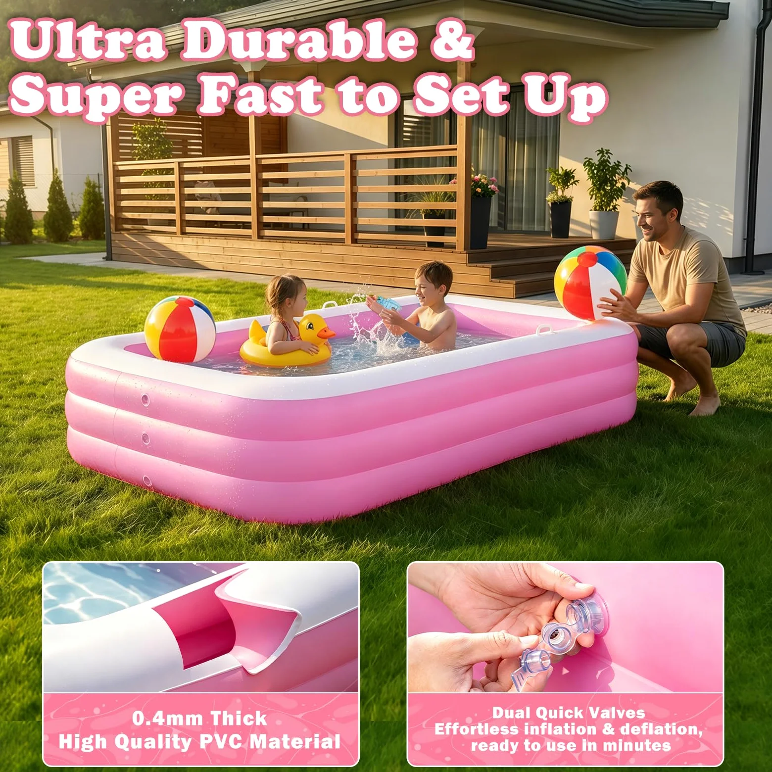 Piscina Hinchable Niños, Piscina Infantil Rectangular con 2 Pelotas de Playa y 2 Mini Pistolas de Agua, Piscine de Verano para Jardín, Exterior y Fiestas de Verano (Rosa)