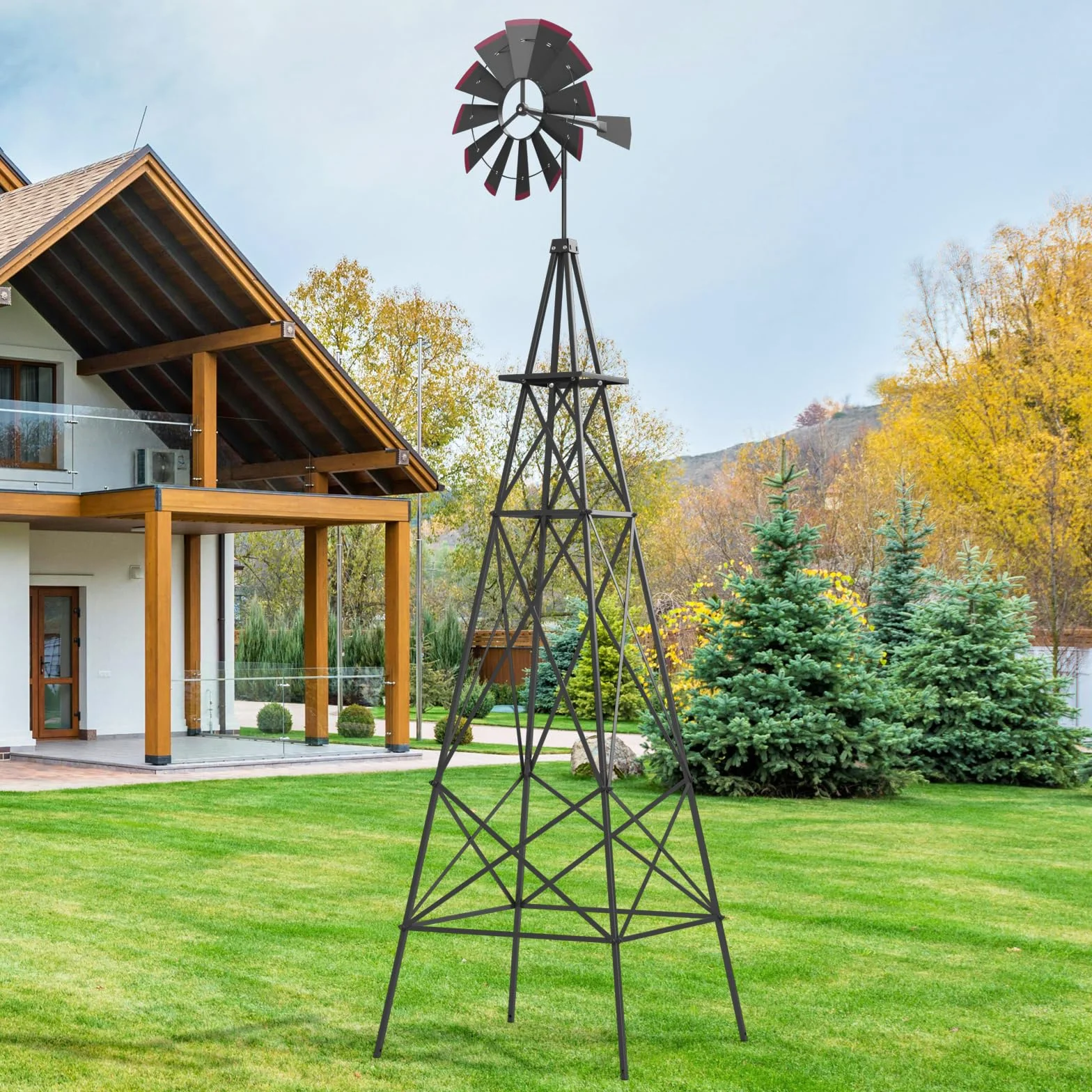 COSTWAY Molino de Viento Jardin de 253cm, Rueda de Viento con Rodamiento de Bolas, Molinillo de Viento de Metal Patio, Jardín, Granja, 4 Estacas Incluidas (Gris)