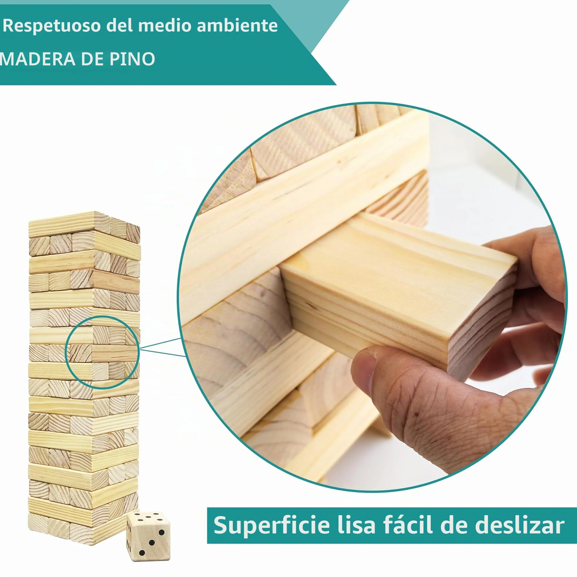 Torre de volcar de madera - Juego apilable - 54 piezas - Juegos de exterior para la familia - Gran tamaño - 54 piezas