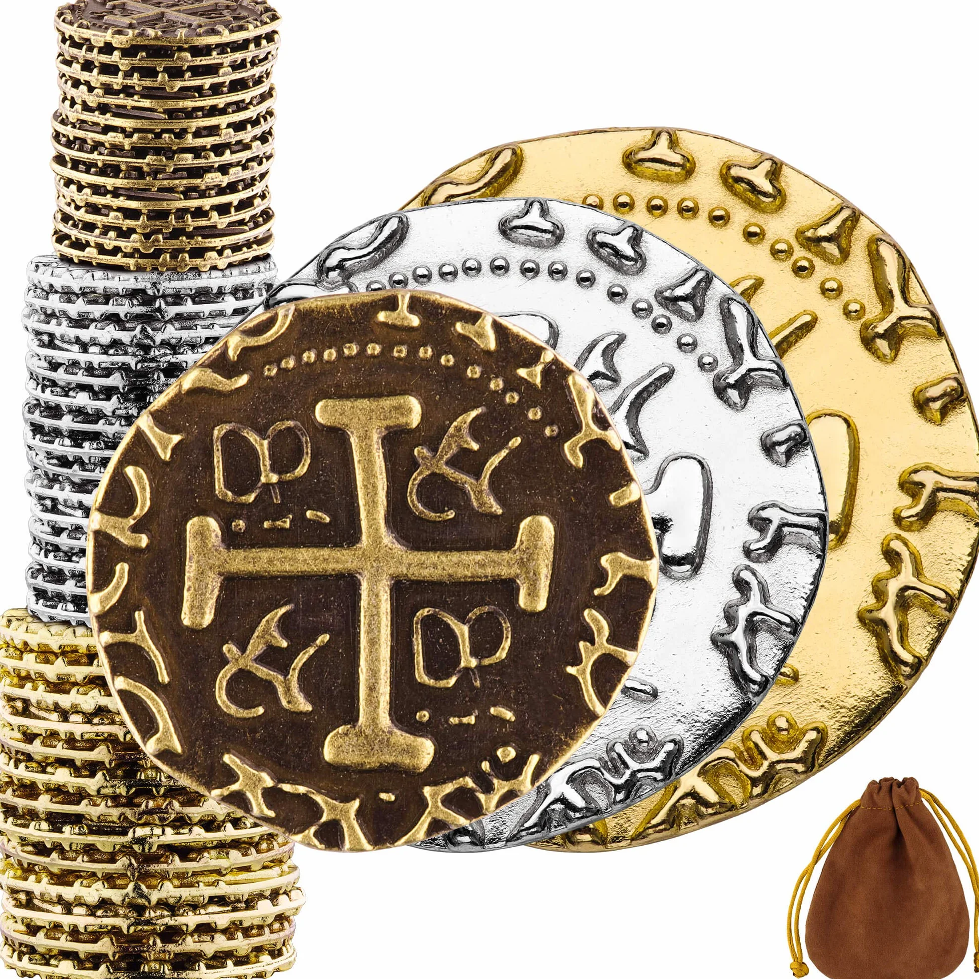 Monedas Piratas de Metal - 36 Monedas De Oro, Plata y Bronce para Juegos De Mesa Adulto, Juegos De Mesa Niños, Cofre del Tesoro, DND, Gloomhaven Dinero Falso - Tamaño Mix