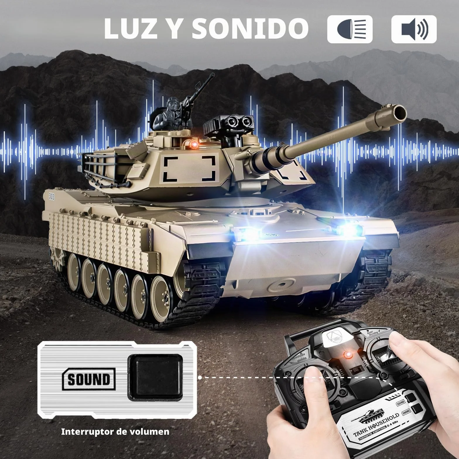 Supdex Tanque teledirigido 1:18, 2.4 GHz M1A2 Abrams, Modelo de Tanque telecontrolado, 15 Canales con Humo, luz y Sonido, vehculo Militar RC para Adultos y Nios