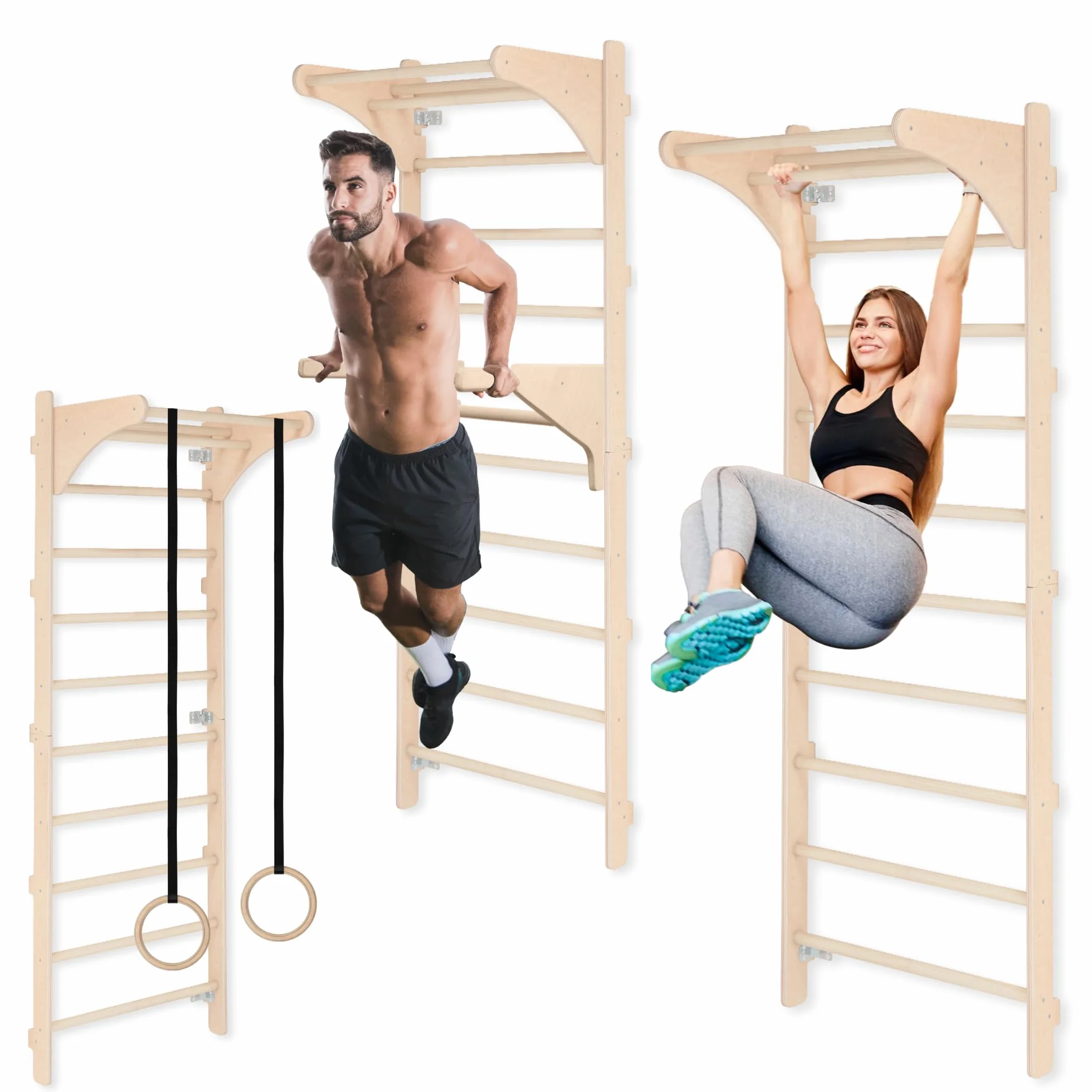 MAMOI Pared de Escalada de Madera con Barra de dominadas 230 cm, Dispositivo de Fitness Multifuncional