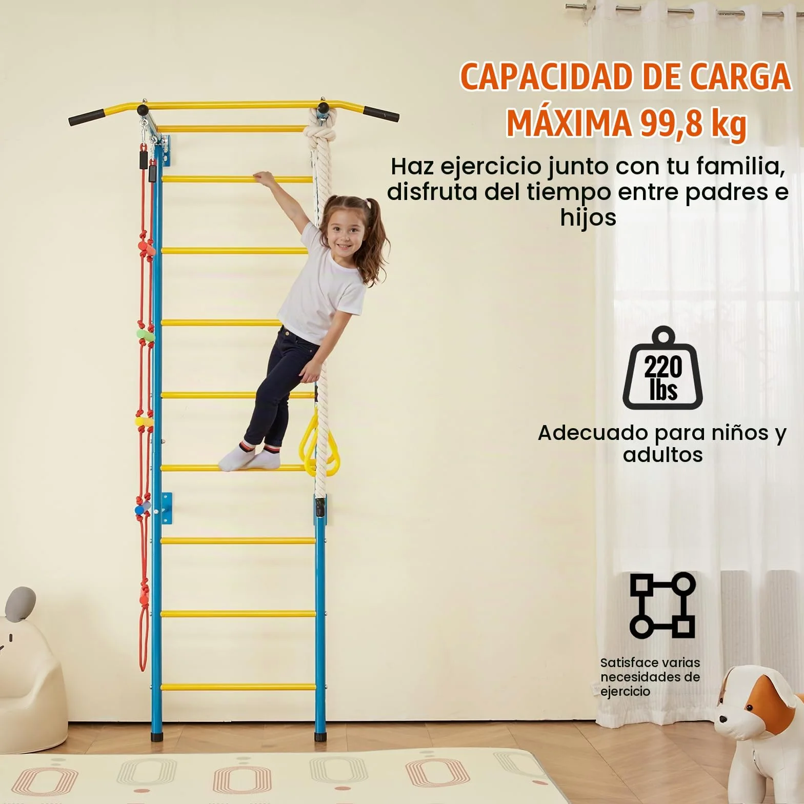 VEVOR 5 en 1 Juego de Escalada para Niños con Escalera Sueca de Acero al Carbono, Escalera de Pared, Barra de Dominadas, Escalera de Cuerda y Anillos de Gimnasia, Carga de 99,8 kg, Multicolor