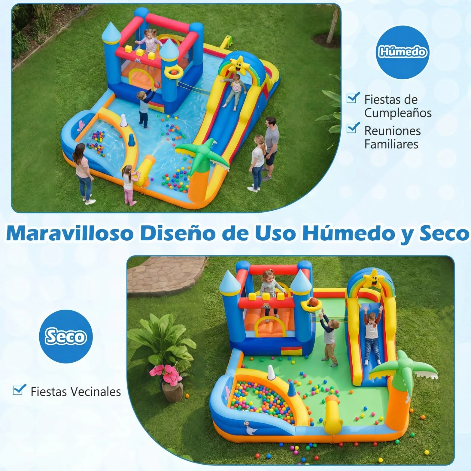 COSTWAY Castillo Hinchable, Parque Infantil con Temática de Playa con Muro de Escalar, Cañón de Agua, Pelotas Oceánicas, Fútbol, Baloncesto, Voleibol, Castillo Inflable al Aire Libre (sin soplador)