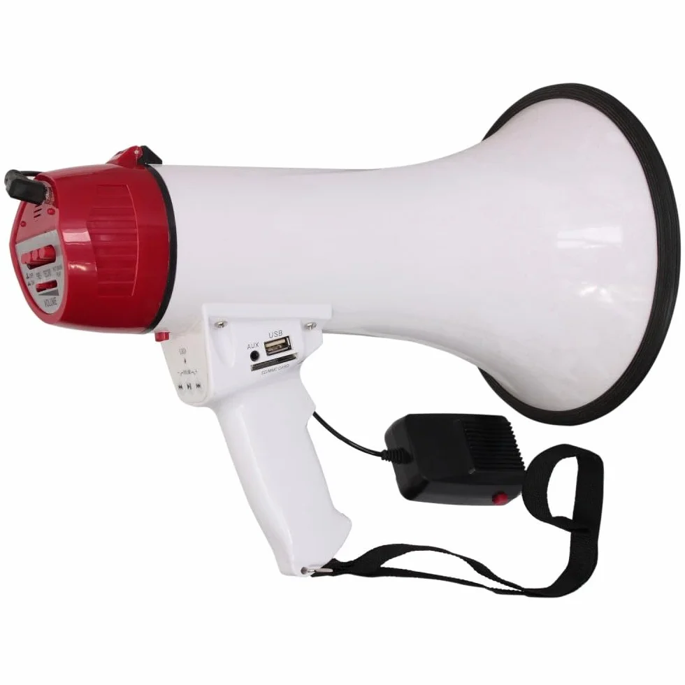 Megáfono recargable 35W con micrófono extraíble USB SD AUX MP3 Blanco Rojo