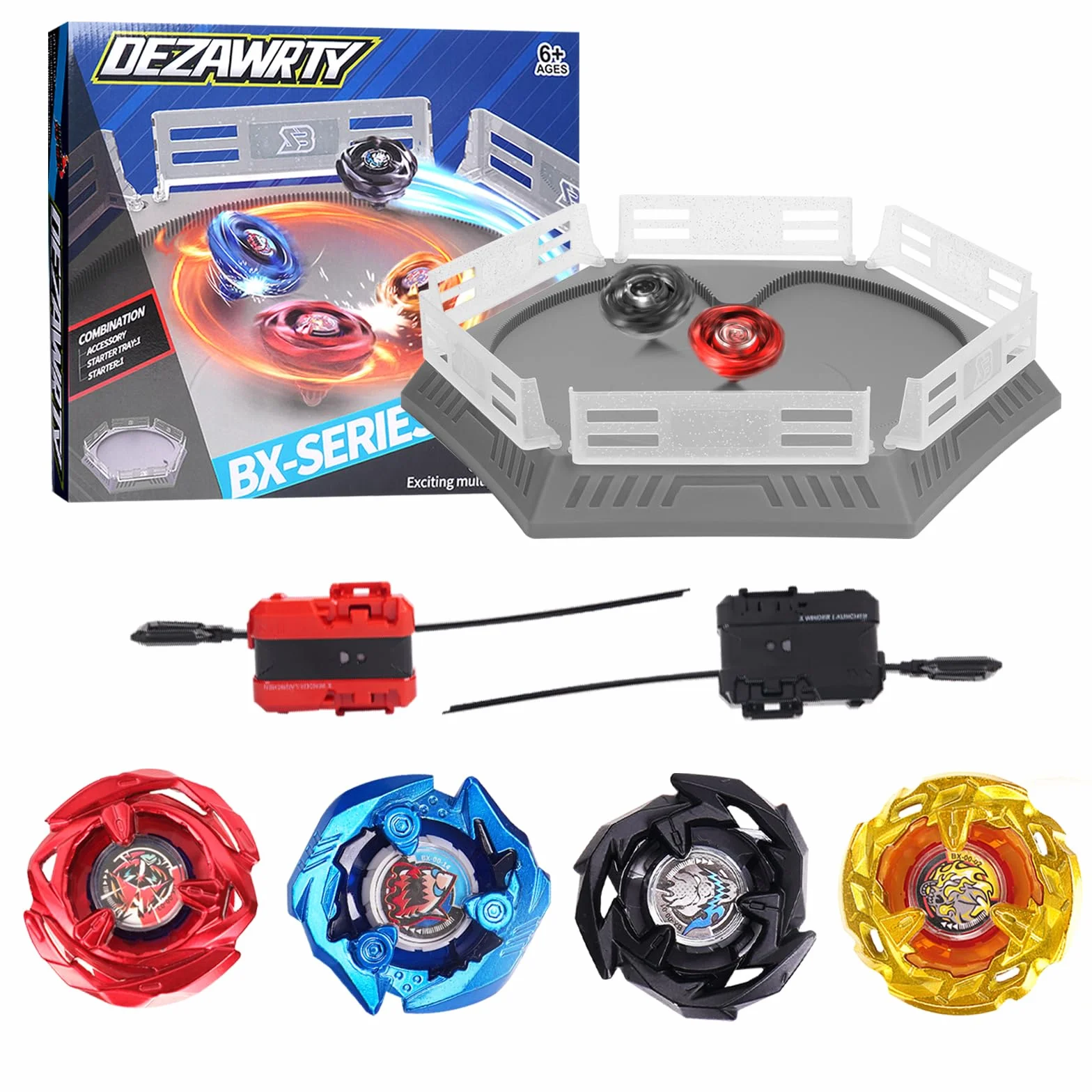 DEZAWRTY Set de Arena Gyro X Stadium con X Acceleration Rail – 4 peonzas de Combate, 2 lanzadores y Estadio, Arena de Batalla para niños a Partir de 6 años, Juguete de Combate para niños, Color Gris