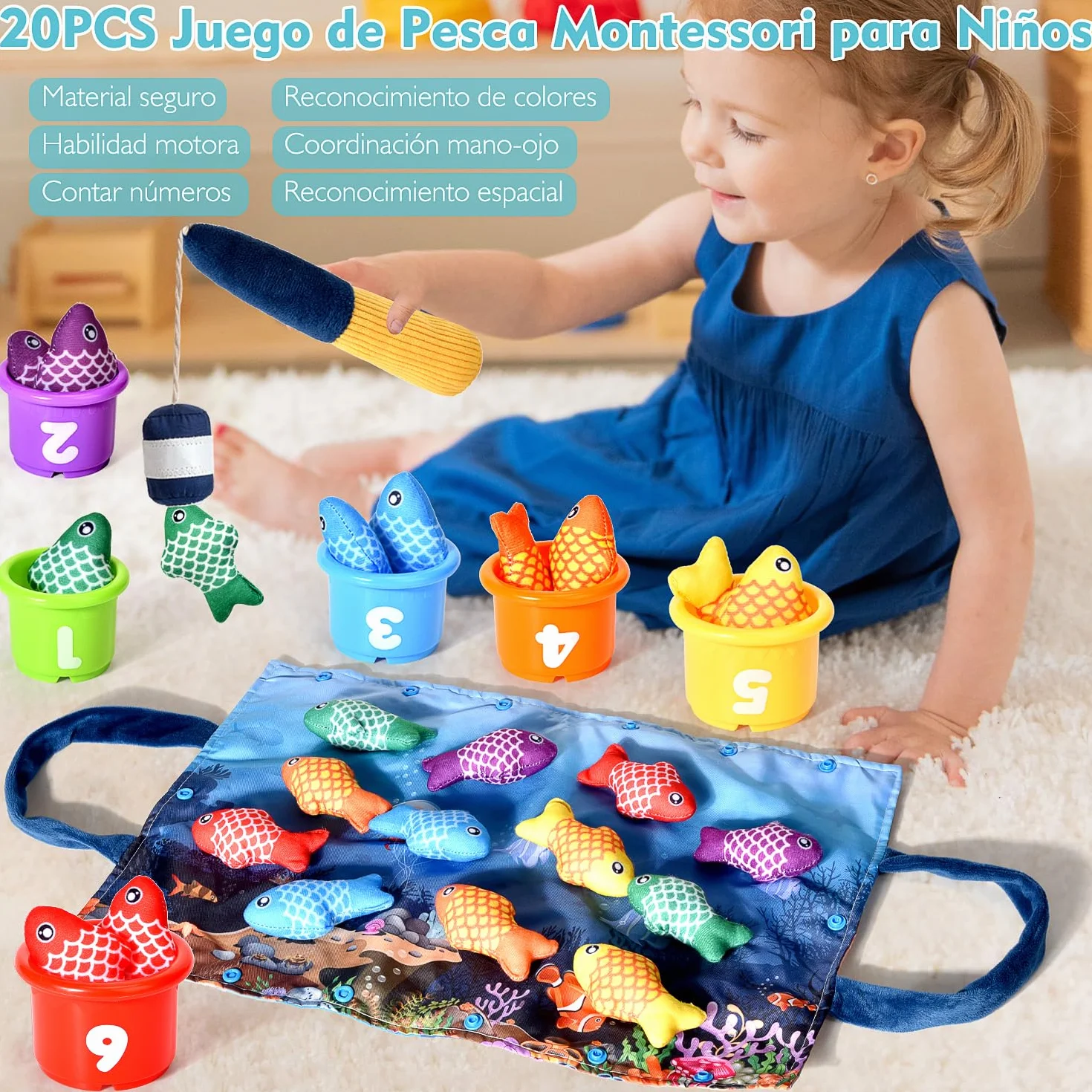 Juguetes Niños 1 Año Montessori, 20 Piezas Juego Pesca de Tela con Taza Apilables, Almacén Bolsa, Educativos Juguetes Bebes 6-12 Meses, Regalo Bebe 1 2 Año