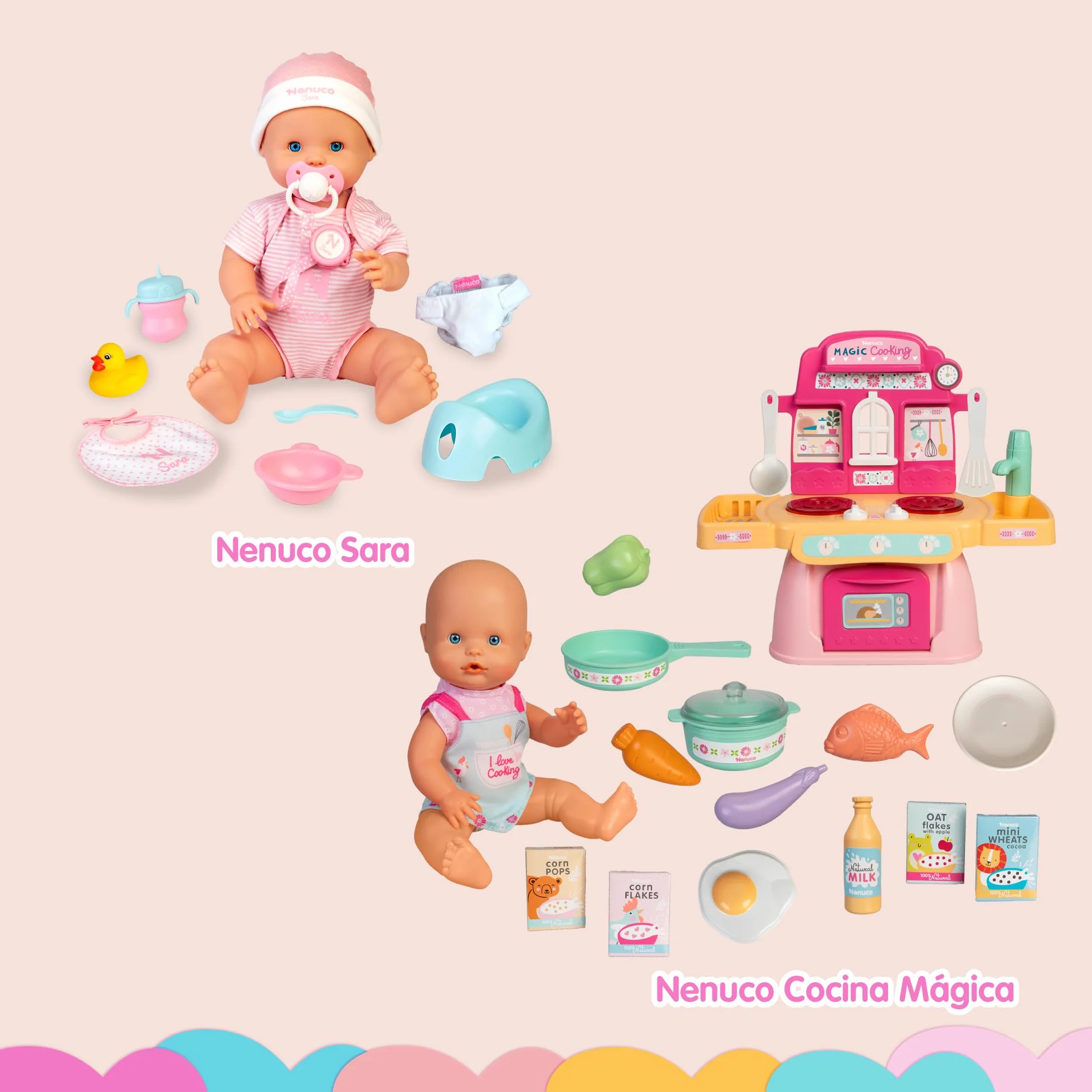 Nenuco - Cocinita Mágica, Muñeco de 30 cm con Cuerpo Duro, Incluye +10 Accesorios para Cocinar y Emplatar, Cocinita con Luces y Sonidos de Hervir y Freír, Delantal Personalizado, Famosa (NFNE3000)