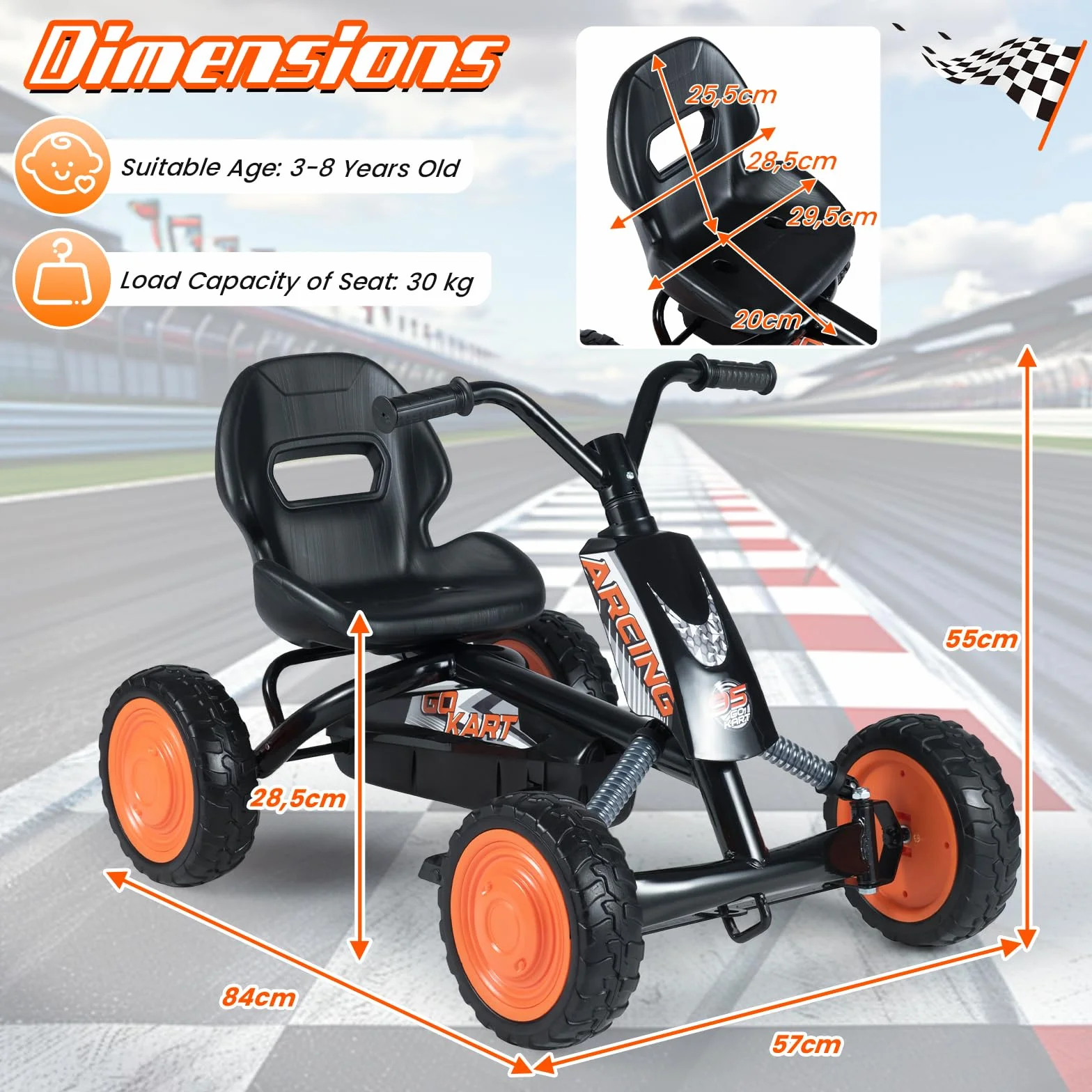 FANTASK Niños Gokart con Pedal, Asiento Ajustable, Marcha adelante y atrás, soporta hasta 30 kg, Coche de Pedal Exterior para niños y niñas a Partir de 3 años (Negro)