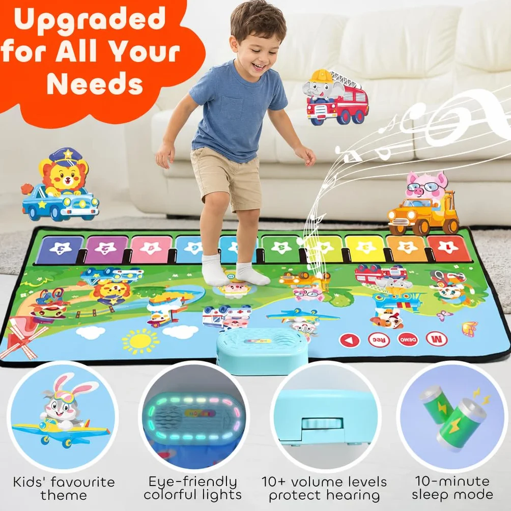 MOMUSE Alfombra Musical con 80 Sonidos, Alfombra de Piano Grande con 10 Animales y 10 Coches, Juguetes Musicales con Luz Suave, 10+ Niveles Volumen, Regalos para Niños Niñas 1 2 3 Años (110 cm*45 cm)