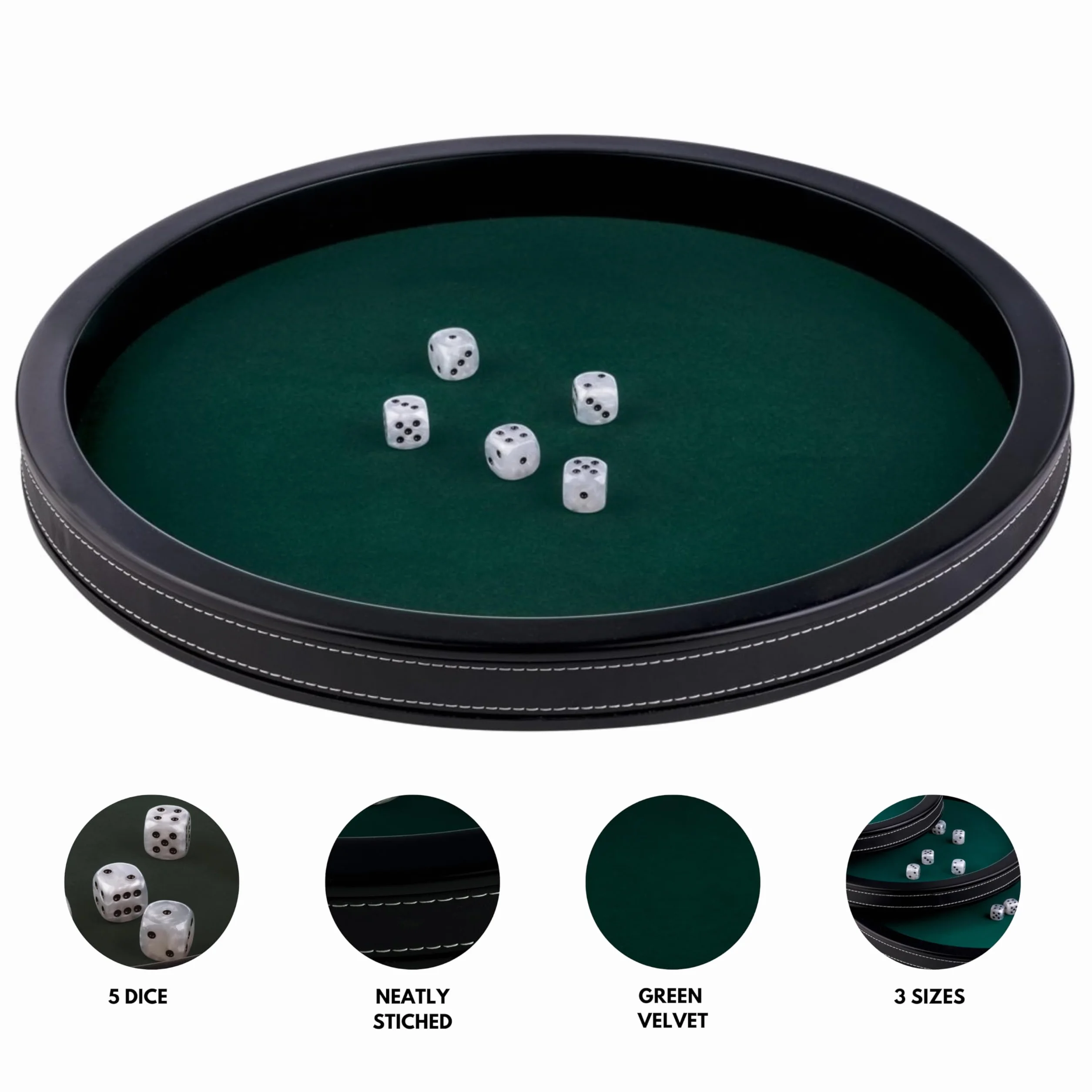 Engelhart-300802 – Bandeja de Póker Redonda 39,8 cm De Lujo – Similpiel Negra – Fieltro Verde Incrustado – Bordes Altos – 5 Dados Incluidos – Accesorio Juegos de Dados