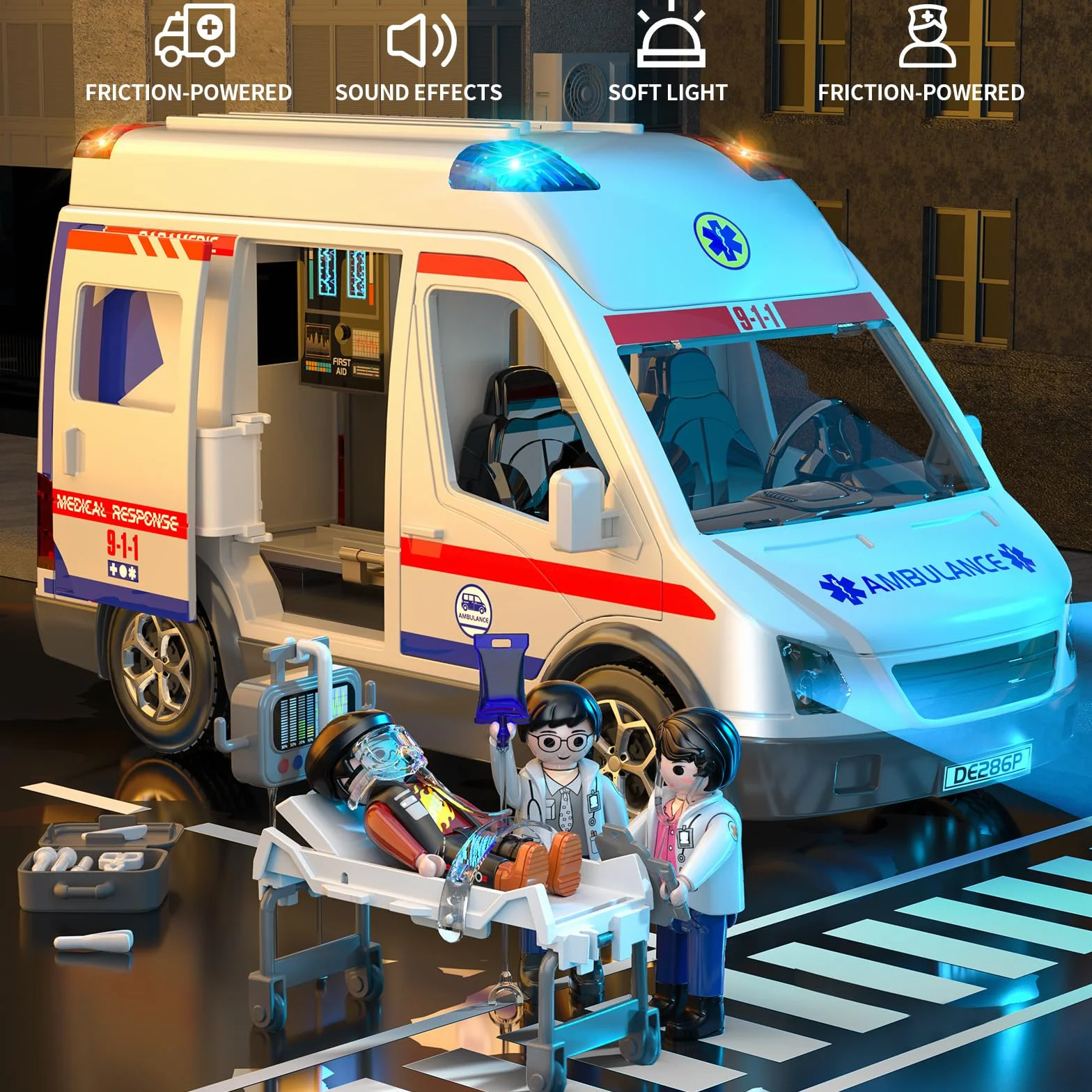 Doloowee Juguete de ambulancia para niños de 3, 4, 5, 6, 7, 8 años, camión de fricción con luz y sonido, vehículos de emergencia para niños y niñas, regalos para niños y niñas de 3 a 12 años