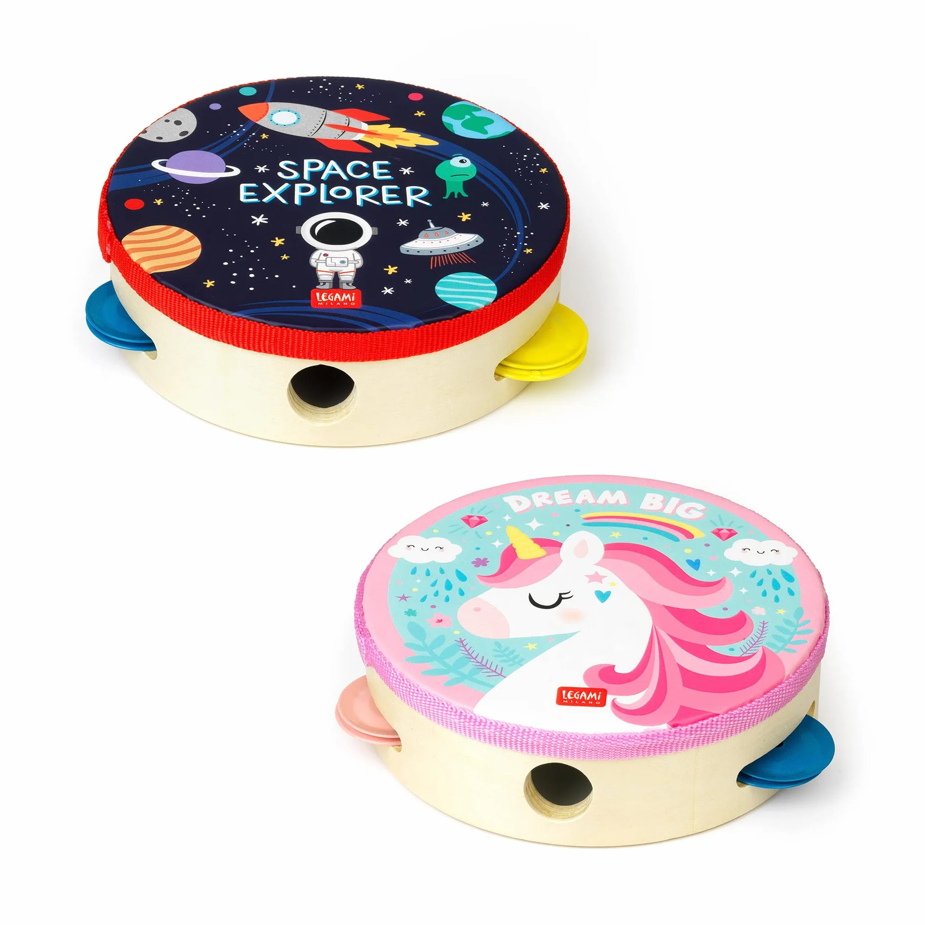 Legami - Pandereta Infantil 4 Sonajeros Mejora la Coordinación, Capacidad Motora, Sentido del Ritmo, Ø 14,5 cm, Tema Unicorn
