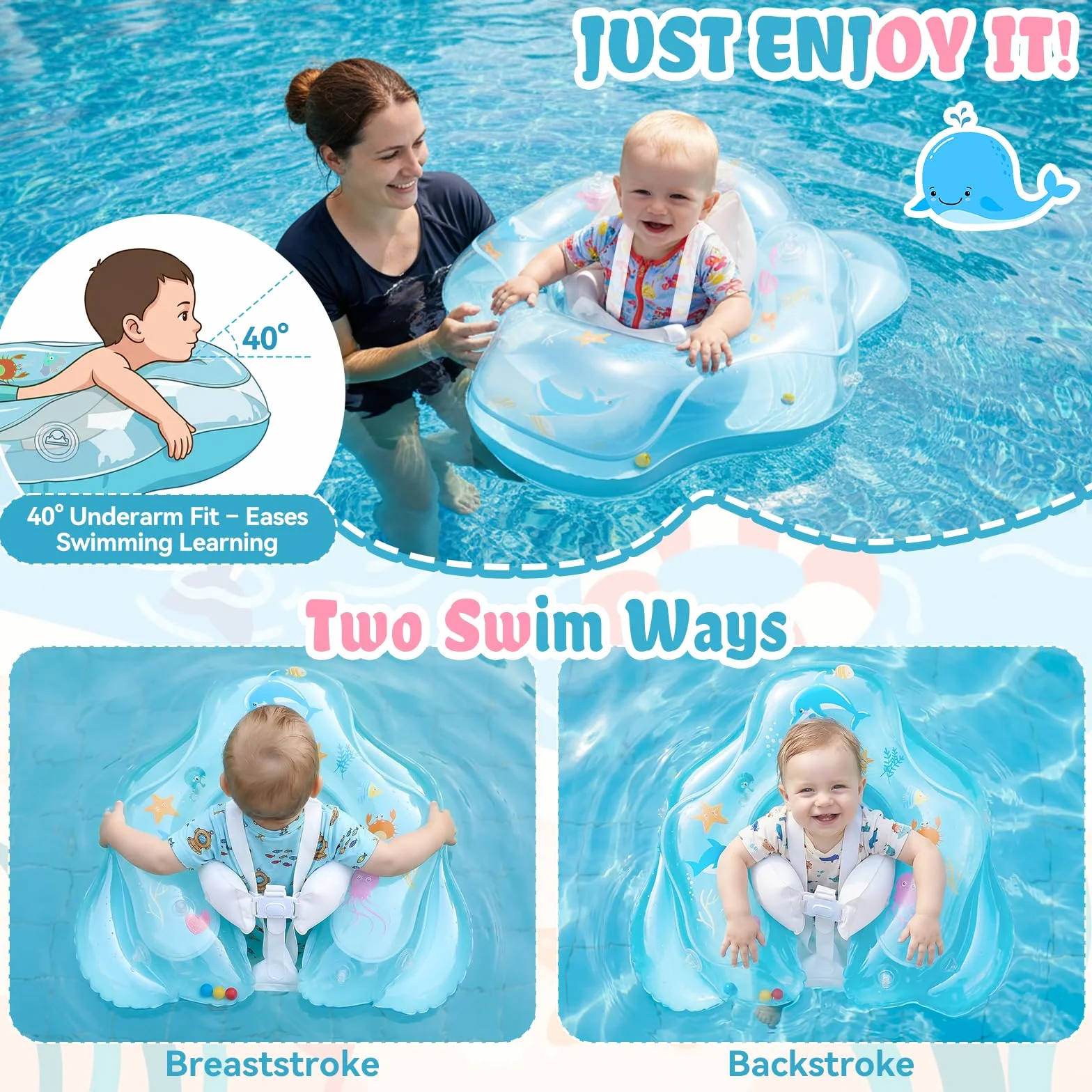 Ninonly Flotador Bebe con Sombrilla UV UPF 50+ Inflable Protección Solar Antivuelco Piscina Bebe Asiento Respaldo 12-36 Meses