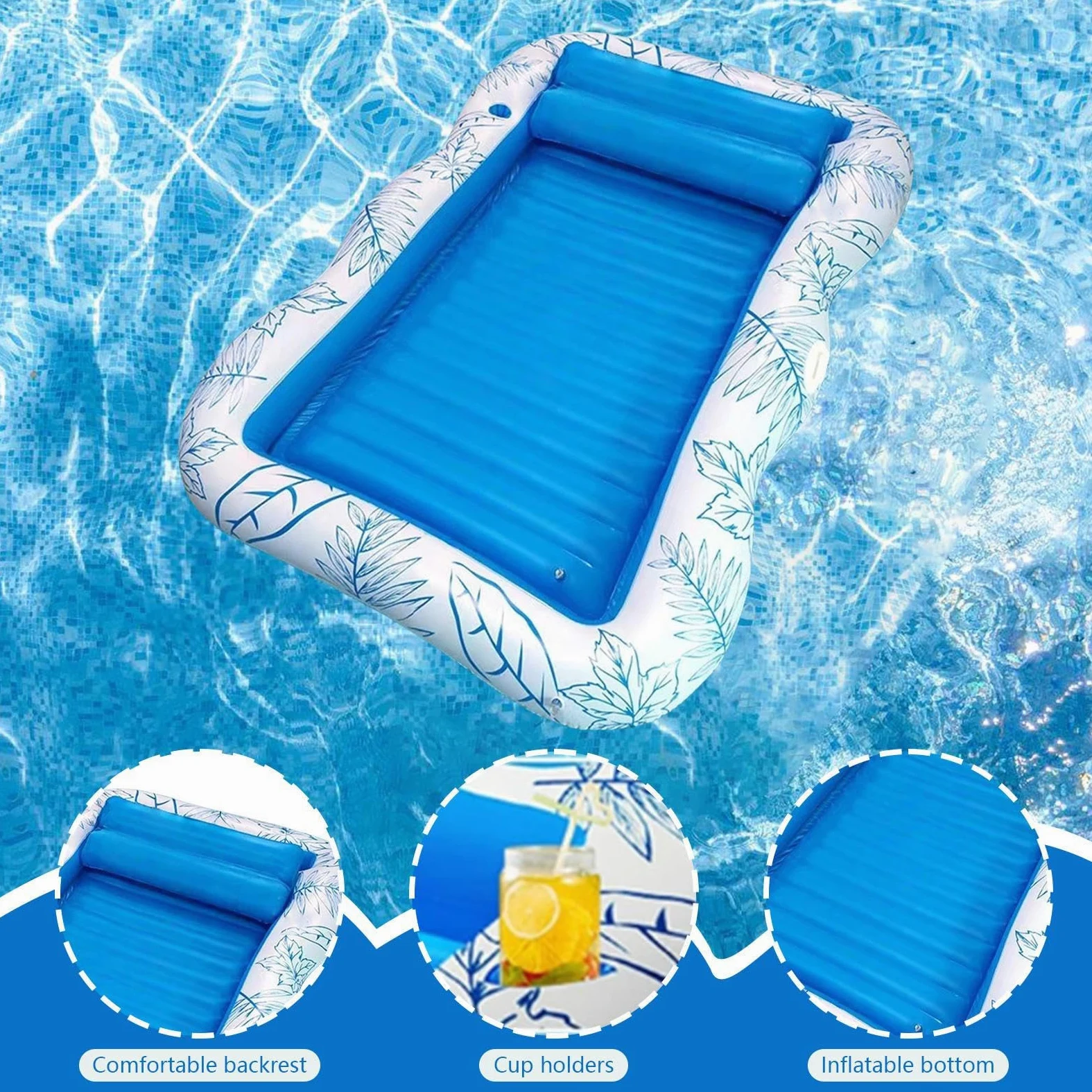 Balsa de piscina al aire libre: colchón de natación inflable de 120 x 190 cm, silla de adulto con portavasos incorporado, silla de piscina flotante para mayor comodidad | Raft de aire para playa lago
