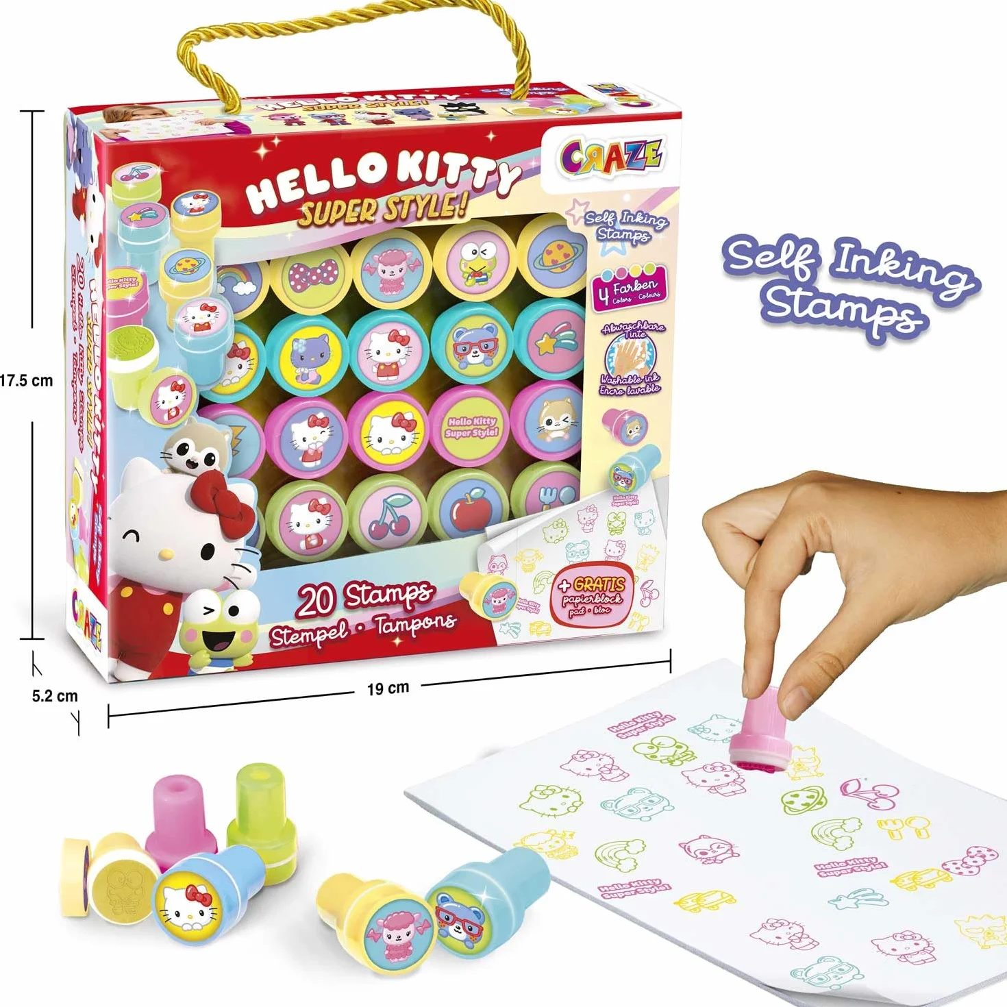 CRAZE 20 Sellos de Goma de Hello Kitty para Niños, Sellos Infantiles de 4 Colores, Incluye Bloc de Notas para Pintar, Tinta Lavable