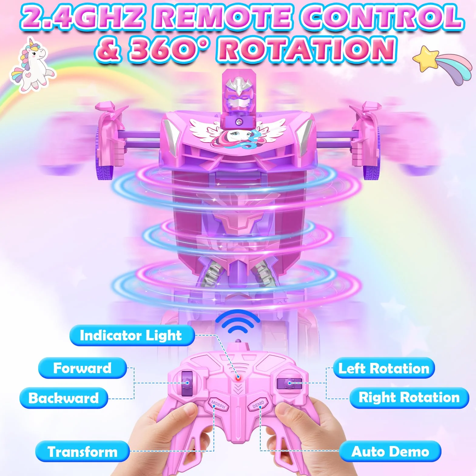 Unicornio Coche Teledirigido Niña, 2 en 1 Radiocontrol Transformar Coche RC 2,4GHz & Rotación 360°, Robot Unicornio Juguetes Niña 3 4 5 6 7 8 9 Años, Regalo Cumpleaños Navidad para Niños de Pascua