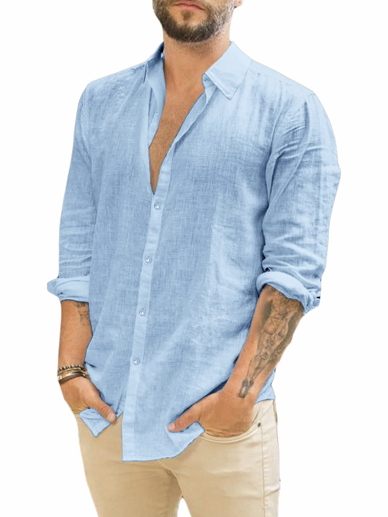 Runcati Camisa de Lino Manga Larga Hombre Cuello Vuelto Negocios Verano