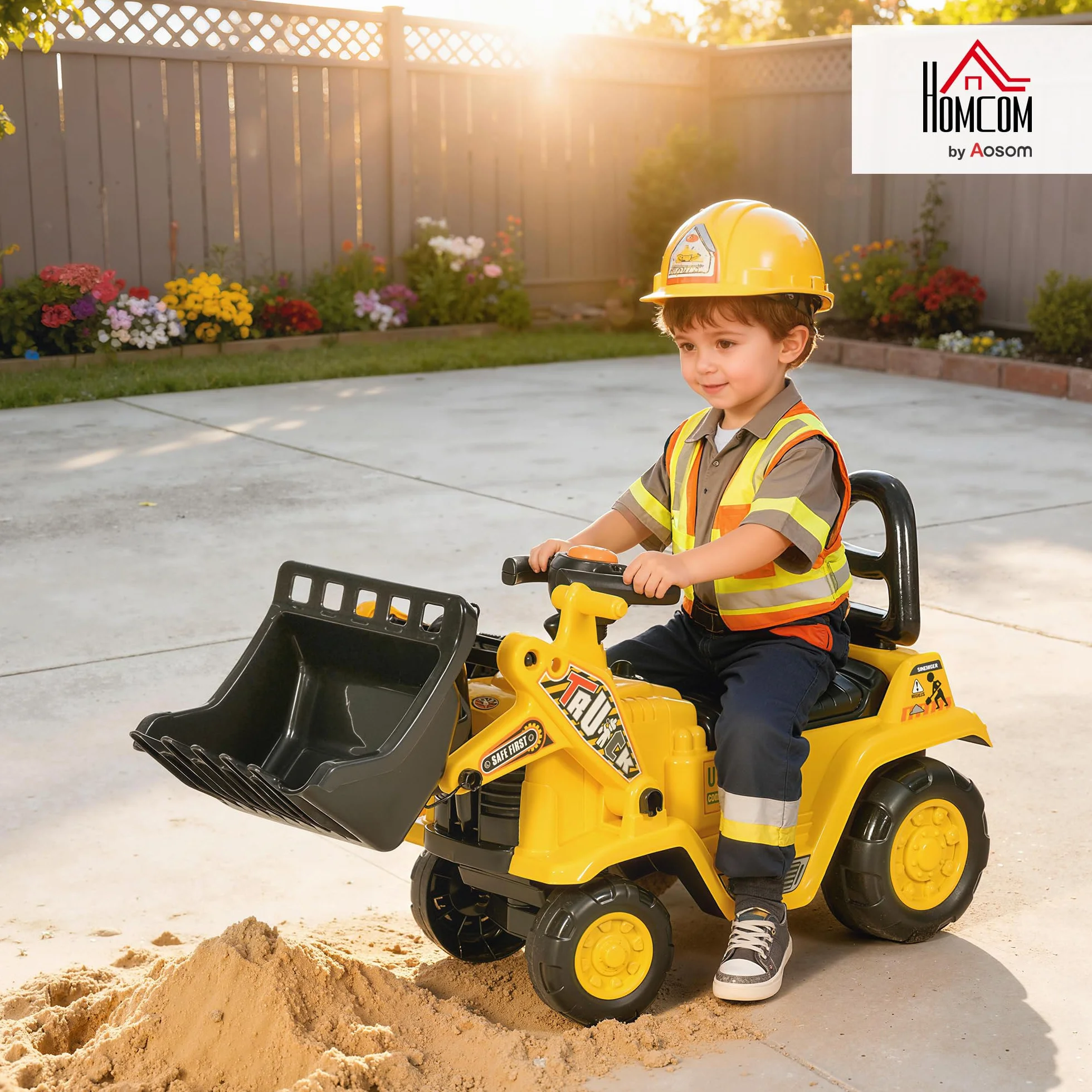 HOMCOM Tractor a Pedales para Niños de 18 a 48 Meses, Excavadora para Niños con Pala Delantera, Bocina, Volante y Compartimento Oculto bajo el Asiento, Carga 30 kg, 80x26,5x39 cm, Amarillo