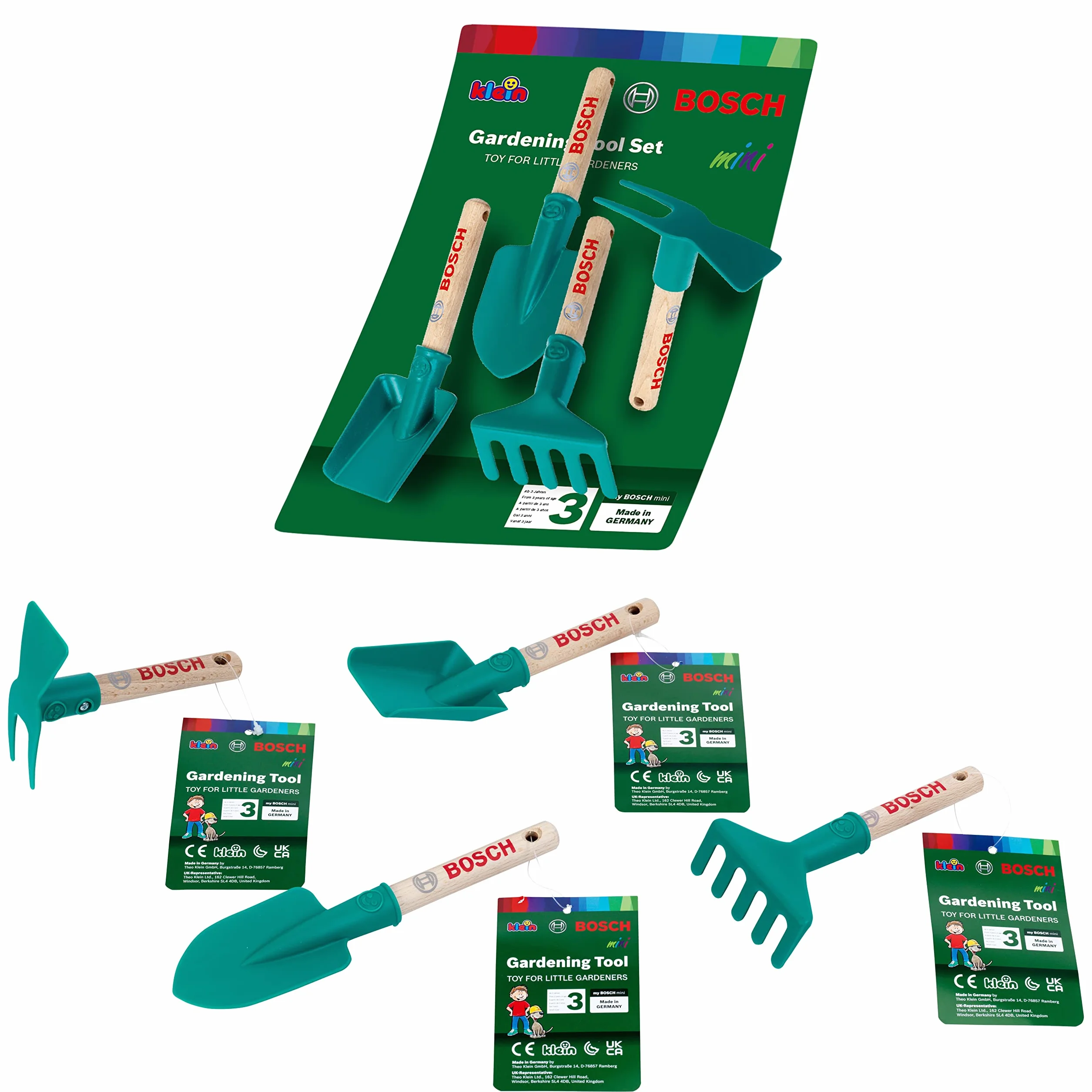 Theo Klein 2711 Kit de Herramientas de jardín de Mano Bosch, 4 Herramientas de jardinería para niños, Pala Cuadrada, rastrillo, Pala y azada, Juguetes para niños a Partir de 3 años