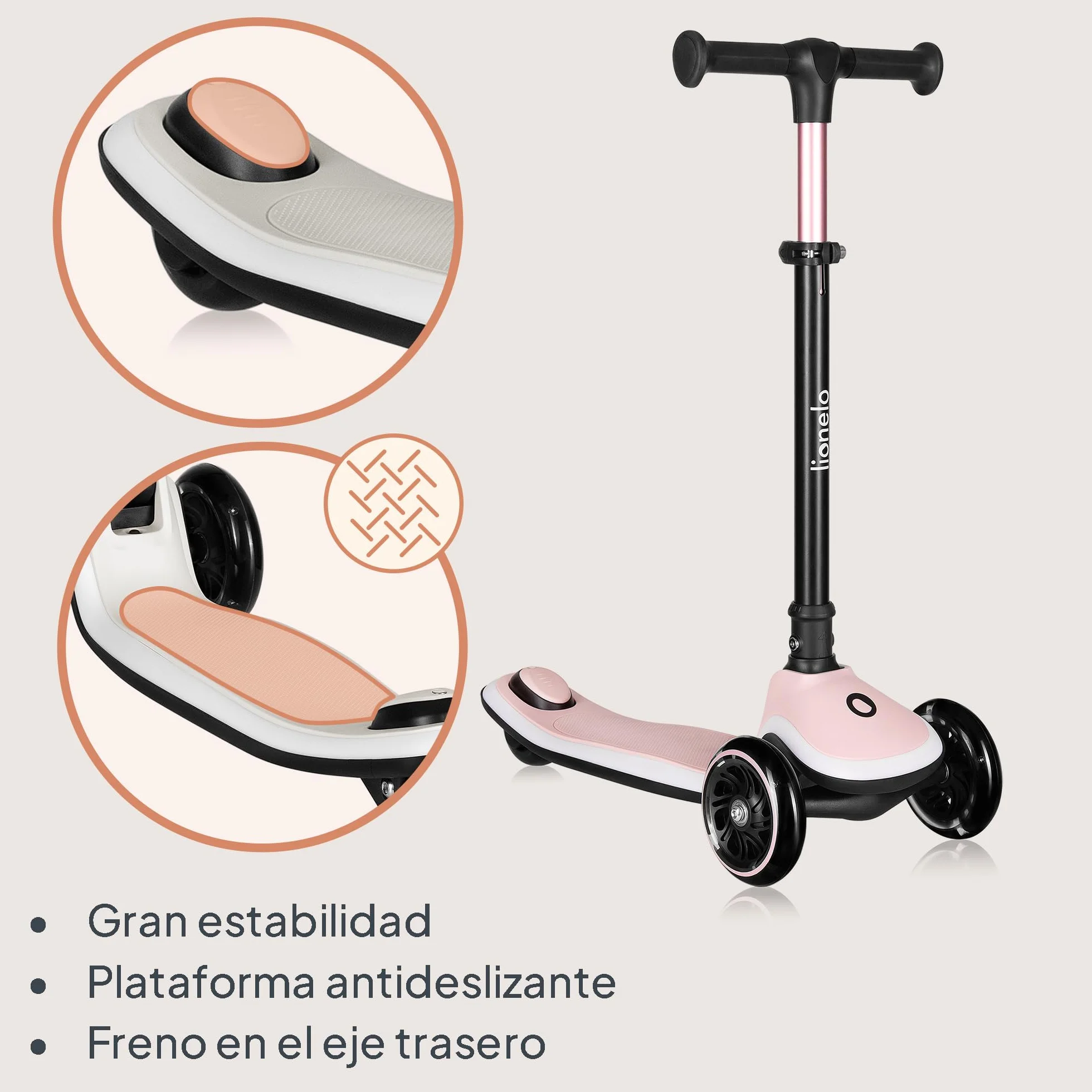 LIONELO MEY Patinete de Equilibrio para Niños Desde 3 años hasta 50 kg, Scooter Infantil Patinete de 3 Ruedas con Ajuste de Altura, Plataforma Antideslizante Iluminada y Ruedas LED, Cesta