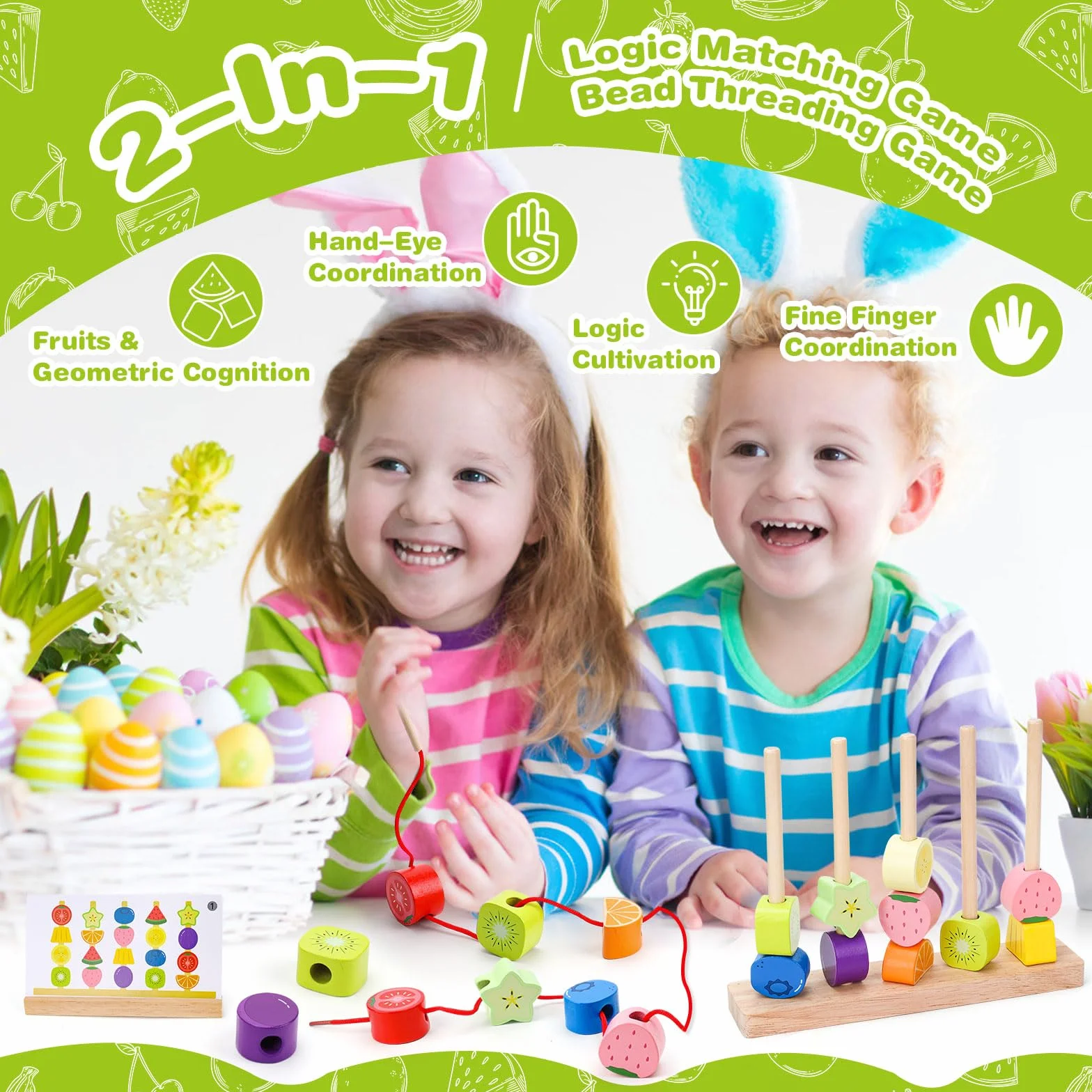GiddyGlow Juguetes de Madera Montessori para Niños 2 3 4 Años： Juego Educativo con Ensartar Cuentas y Apilar Bloques para Motricidad Fina + Regalo Niña Niño 2-5 Años