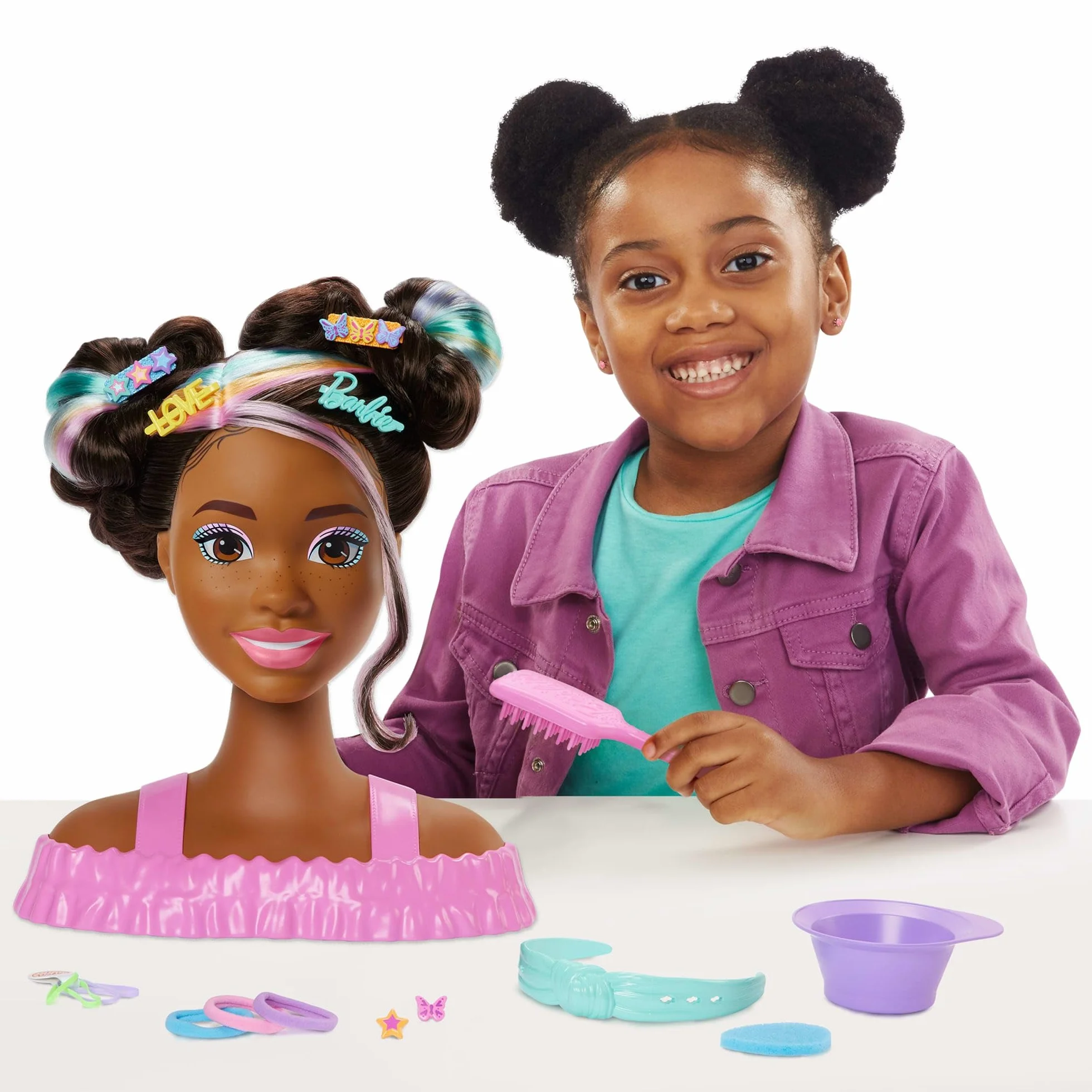 Barbie Busto para peinar, pelo rubio con más de 20 accesorios para hacer peinados, incluye pinzas para el pelo con forma de estrella y mariposa que cambian de color, JFG81