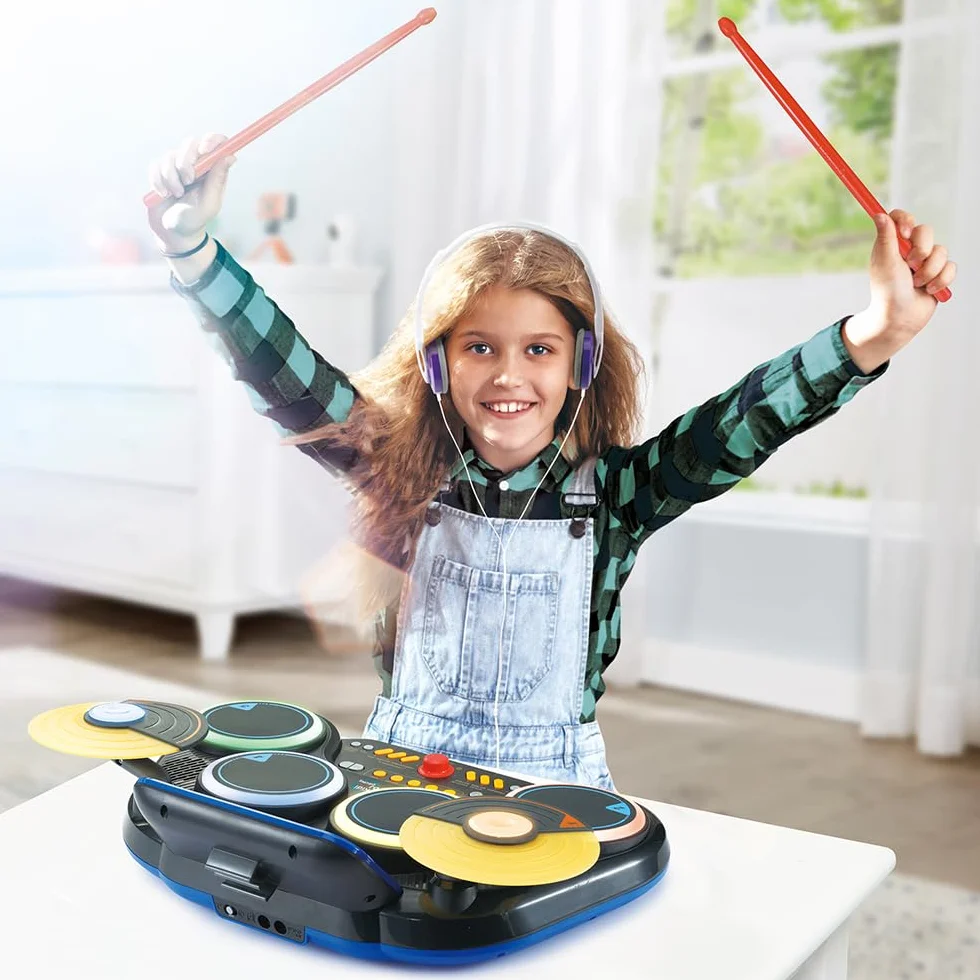 VTech - Kidi DJ Drums, Batería electrónica para niños 10 en 1 con Pads iluminados, platillos, Baquetas, Bluetooth, Aprendizaje y Juegos, Regalo niños +6 años, Versión en Español