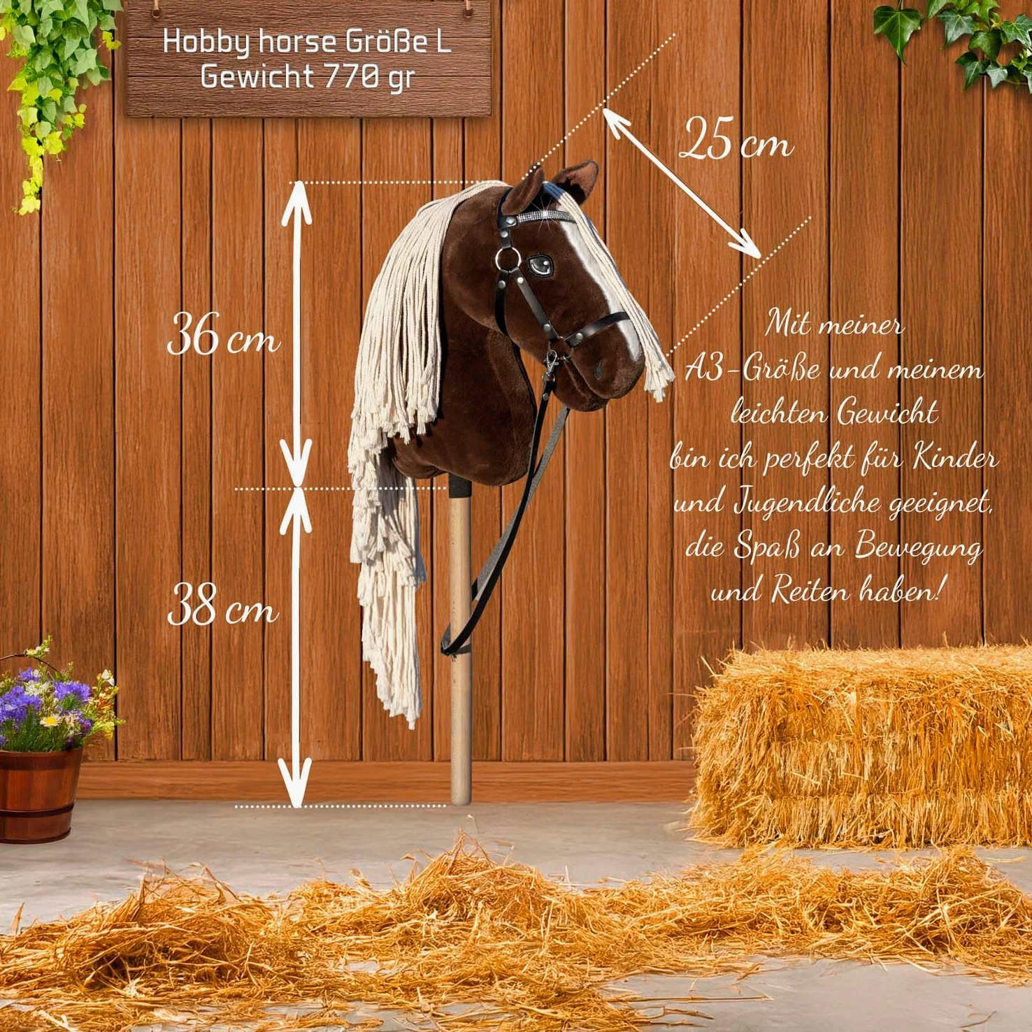 Hobby Horse A3 Sunny Dream - Caballo Alezan Oscuro con crins lavados - Red completa con frontal brillante - Flot Satén Blanco y Marrón Oferta - Juguete ecuestre para niños y adolescentes