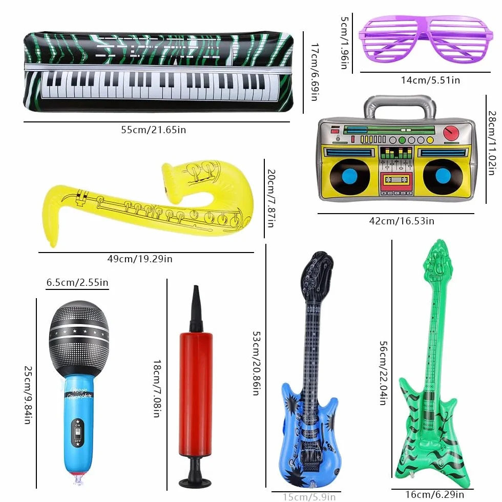 16 Piezas Instrumentos Inflables Rock Colorido Inflable Guitarra Micrófonos Saxofón Inflable Piano Inflable Bajo Inflable Gafas de Radio + Bomba de Aire para Celebraciones Carnaval