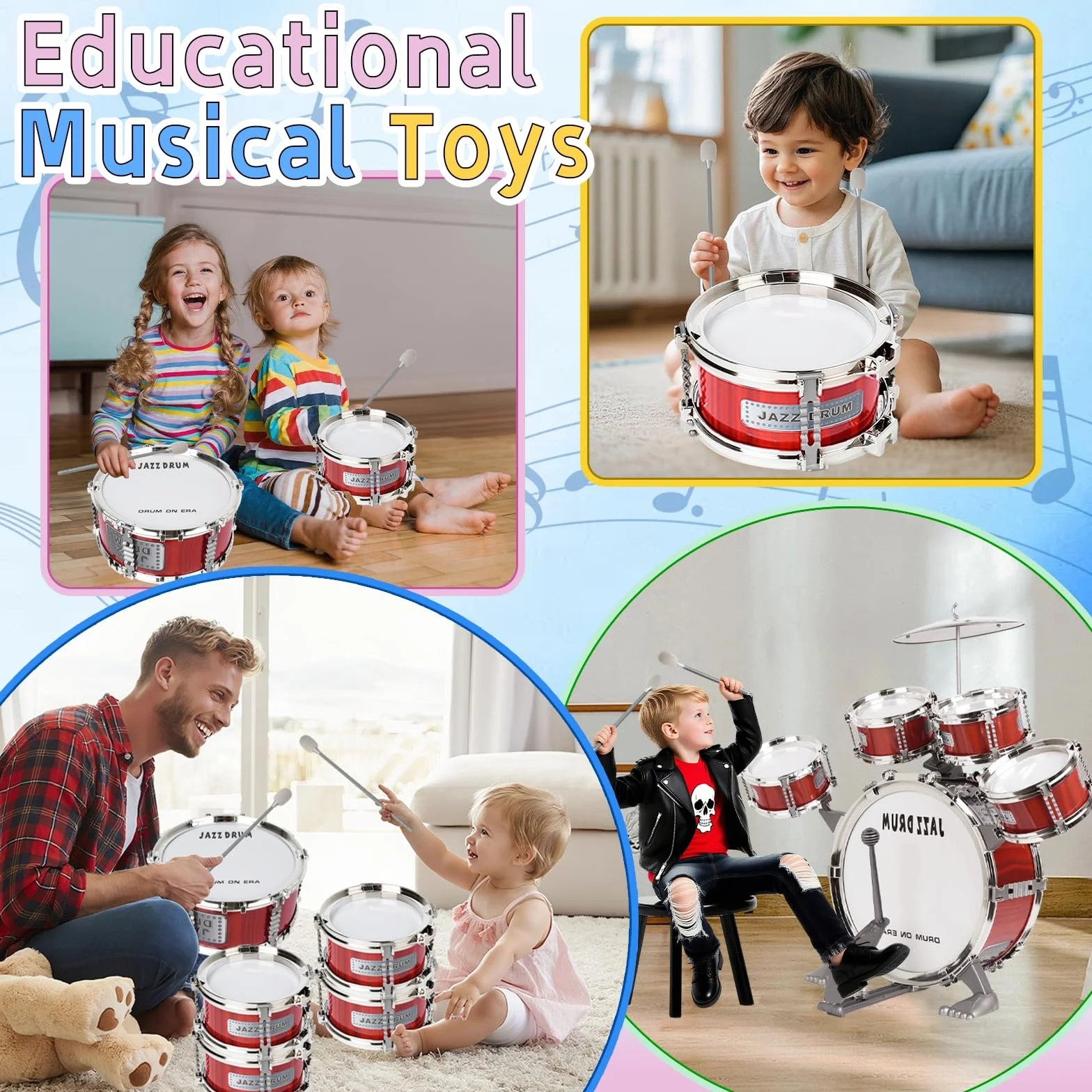 m zimoon Batería de música para niños Kit, Juego Tambor Jazz Junior 5 Tambores con Taburete para Instrumento Musical de Percusión Día ​Festivo Regalo uguete Educativo por Niños Y Niñas Principiantes