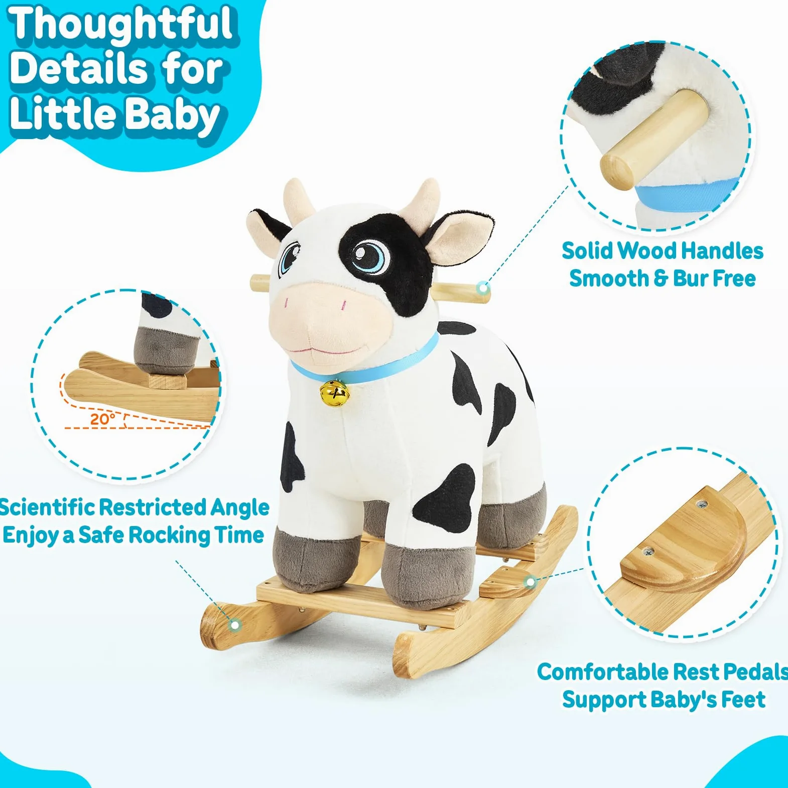 FUNLIO Caballo balancín Vaca para 1-3 años, Adorable para bebé con Cabeza Suave, Ojos Brillantes y Campana Sonora, Modelo de Peluche fácil de Montar, Certificado CPC