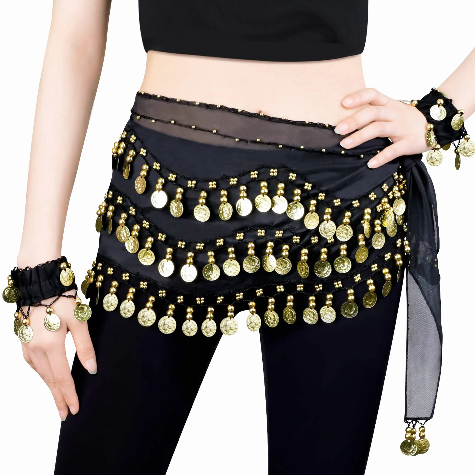 Bufandas de Cadera para Danza del Vientre, Faldas con Forma de Onda para Mujeres, Cinturón con Monedas y Brazaletes