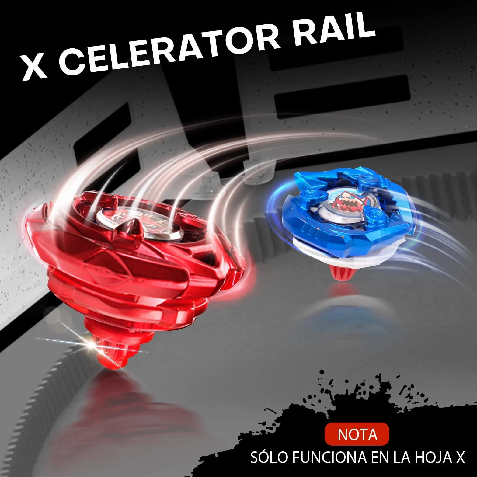 DEZAWRTY Set de Arena Gyro X Stadium con X Acceleration Rail – 4 peonzas de Combate, 2 lanzadores y Estadio, Arena de Batalla para niños a Partir de 6 años, Juguete de Combate para niños, Color Gris