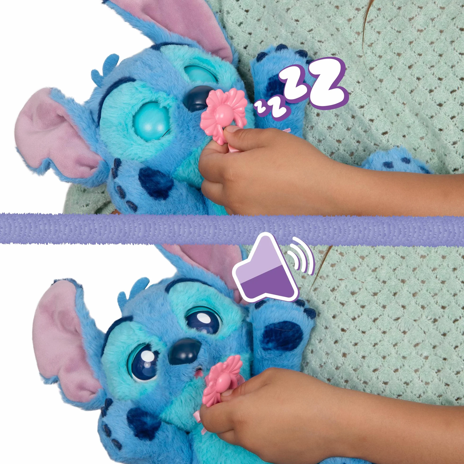Baby Paws Stitch, Peluche Interactivo, con Sonidos Que Abre y Cierra los Ojos e Incluye una Bolsa para Llevarlo Contigo, Juguete Regalo para Niños y Niñas de 3 Años o Más