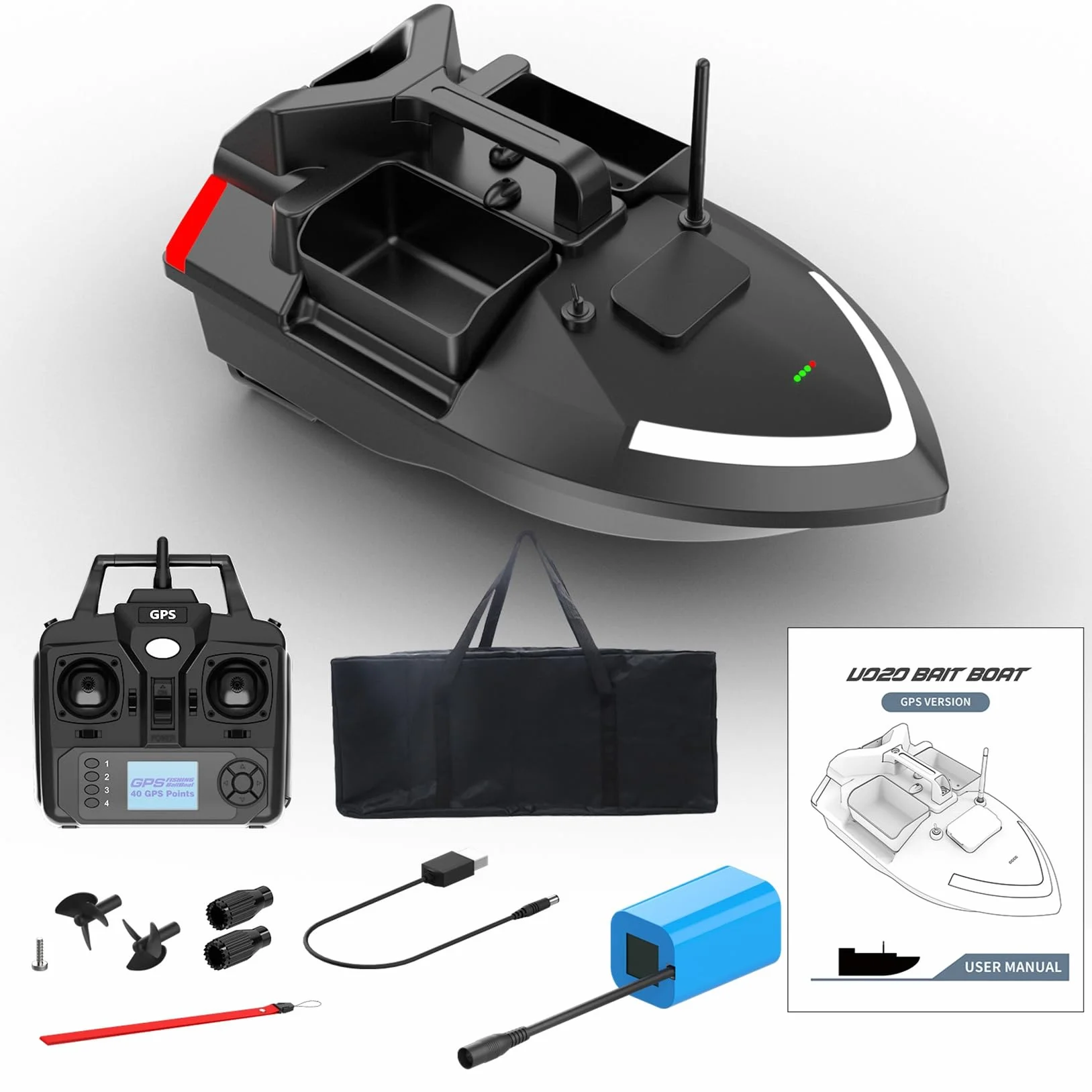 Barco GPS Smart RC de cebos, Crucero Automático de Doble Motor con Tres Tolva de Gran Capacidad y Luz Nocturna LED (V020-12000mAh)