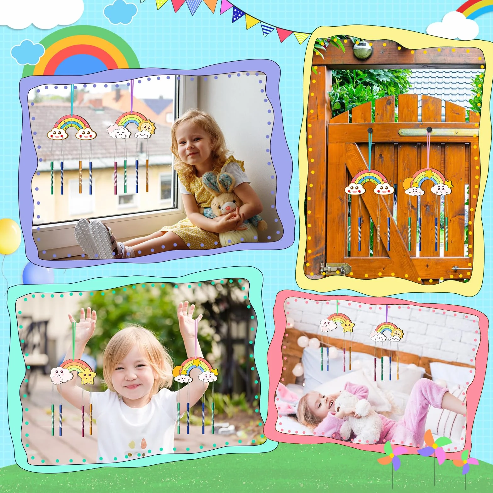 Nourdom Kit de 12 campanillas de viento para niños, haz tu propia campanilla de viento Rainow para colorear estrella, luna, sol, hacer un timbre de viento, kits de madera para artes y manualidades