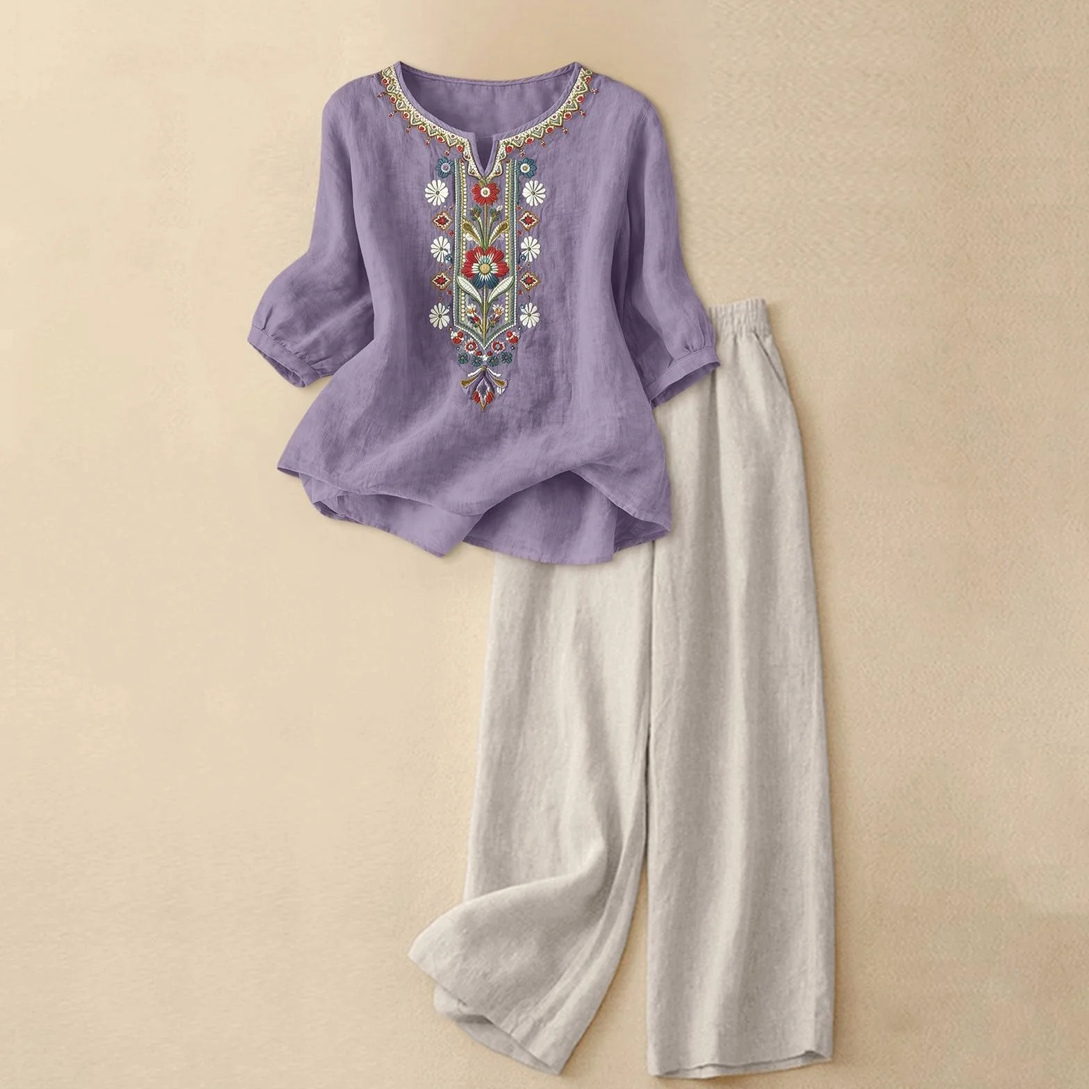 Riou Conjunto Mujer Verano 2 Piezas Algodon Lino Traje Primavera Ligero Chándal Blusa Manga 3/4 Pantalones M-3XL