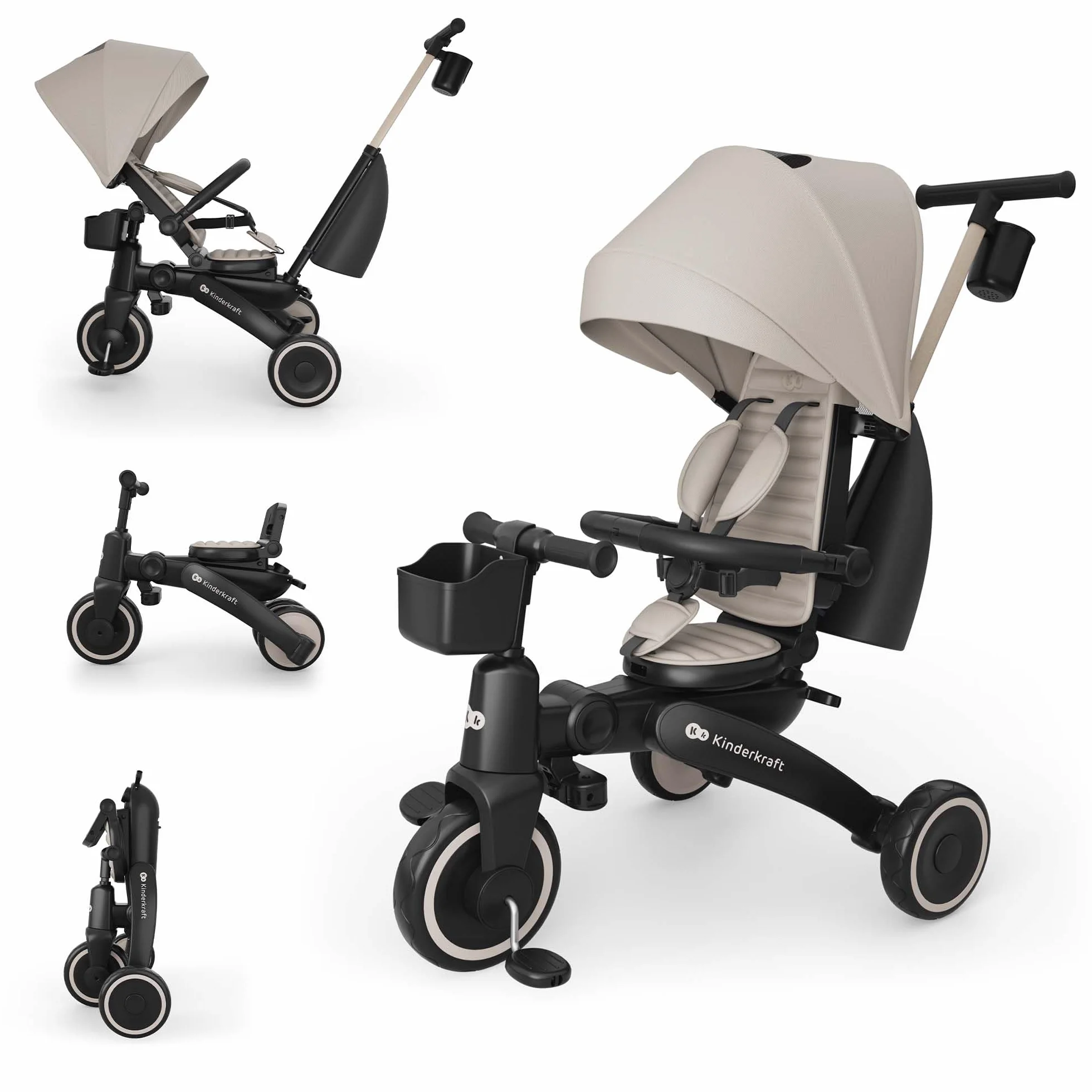 Kinderkraft Jazz 3 Triciclo, Asiento Giratorio 360°, posición semirreclinada, Plegable, Capota UPF 50+, Manillar para Padres, función de Bicicleta de Equilibrio, Beige