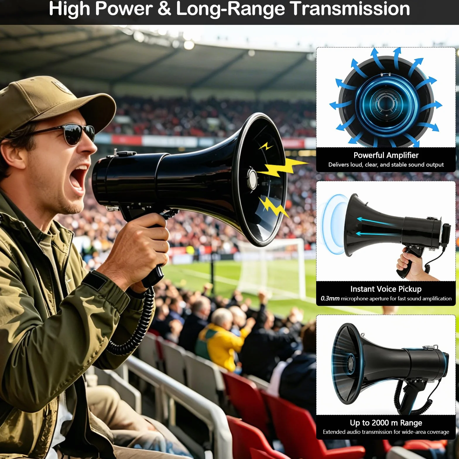 Megáfono 100W Bluetooth con Grabación, Triple Alimentación, 2 Baterías, Alcance 2000m, Sirena, Micrófono Externo, USB, Correa