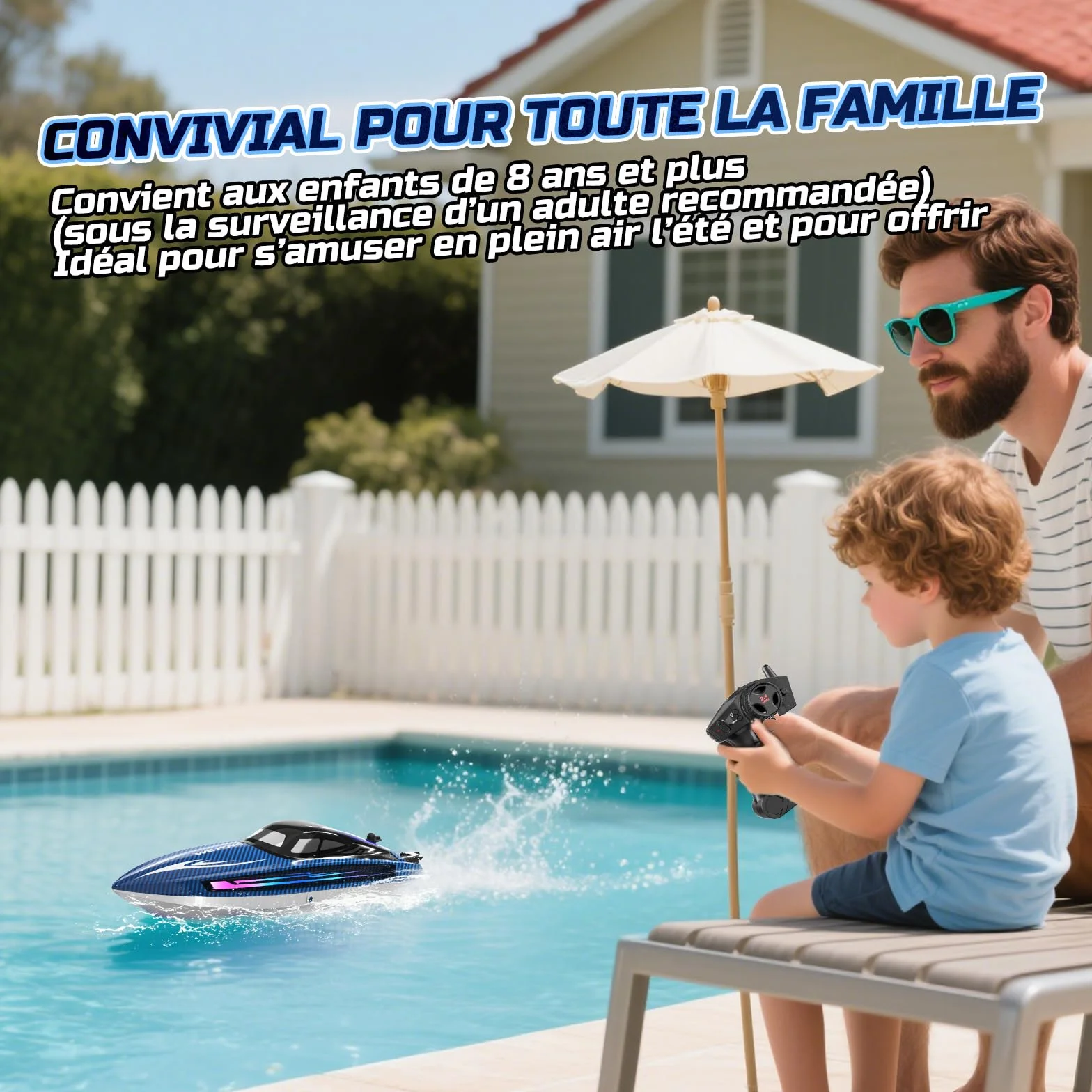 WeFone Barco teledirigido para adultos, 25+ KMH Fast RC Speed Boat con luz LED para niños, DEMO, WF17, ideal para piscinas y lagos de juguete, 2 baterías recargables durante 30-40 minutos (azul)