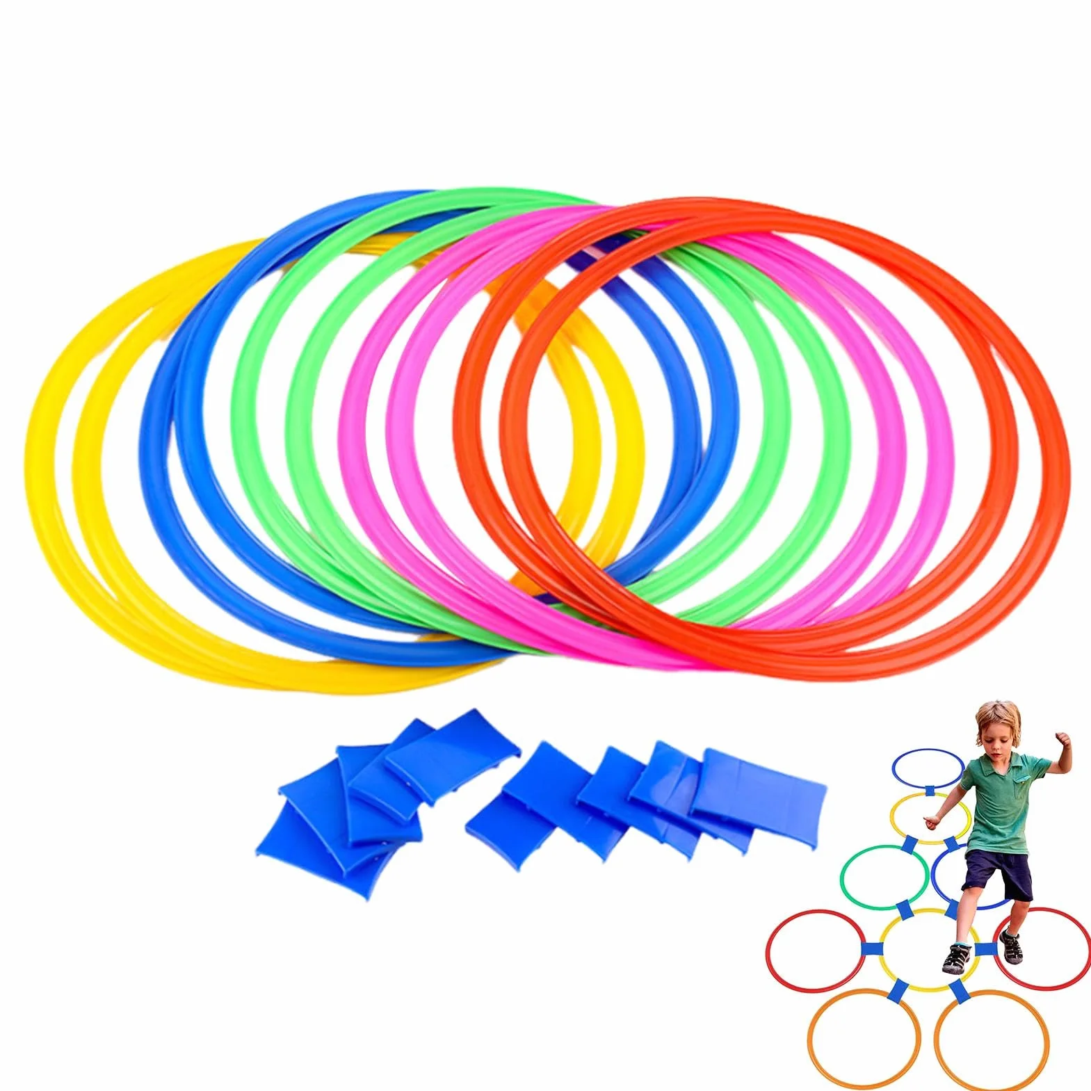 Anillos de Rayuela para Niños, Juego de Agilidad con Puf, Cuadrados de 15 Pulgadas con Conectores
