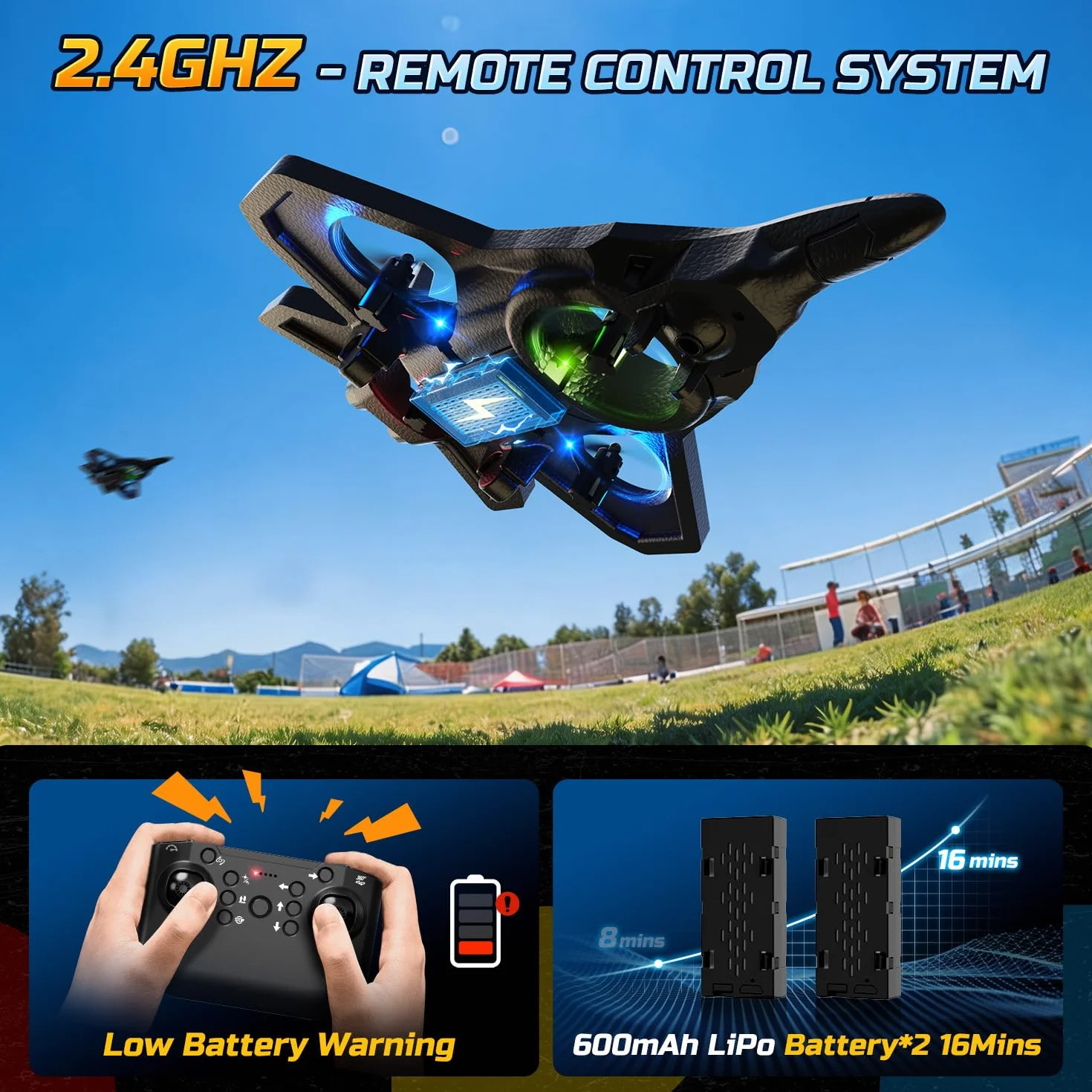 DEERC Avión de espuma RC para niños, avión teledirigido con altitud, volteos 3D y luces LED, 2 baterías, avión teledirigido para principiantes para niños y niñas (azul y naranja)